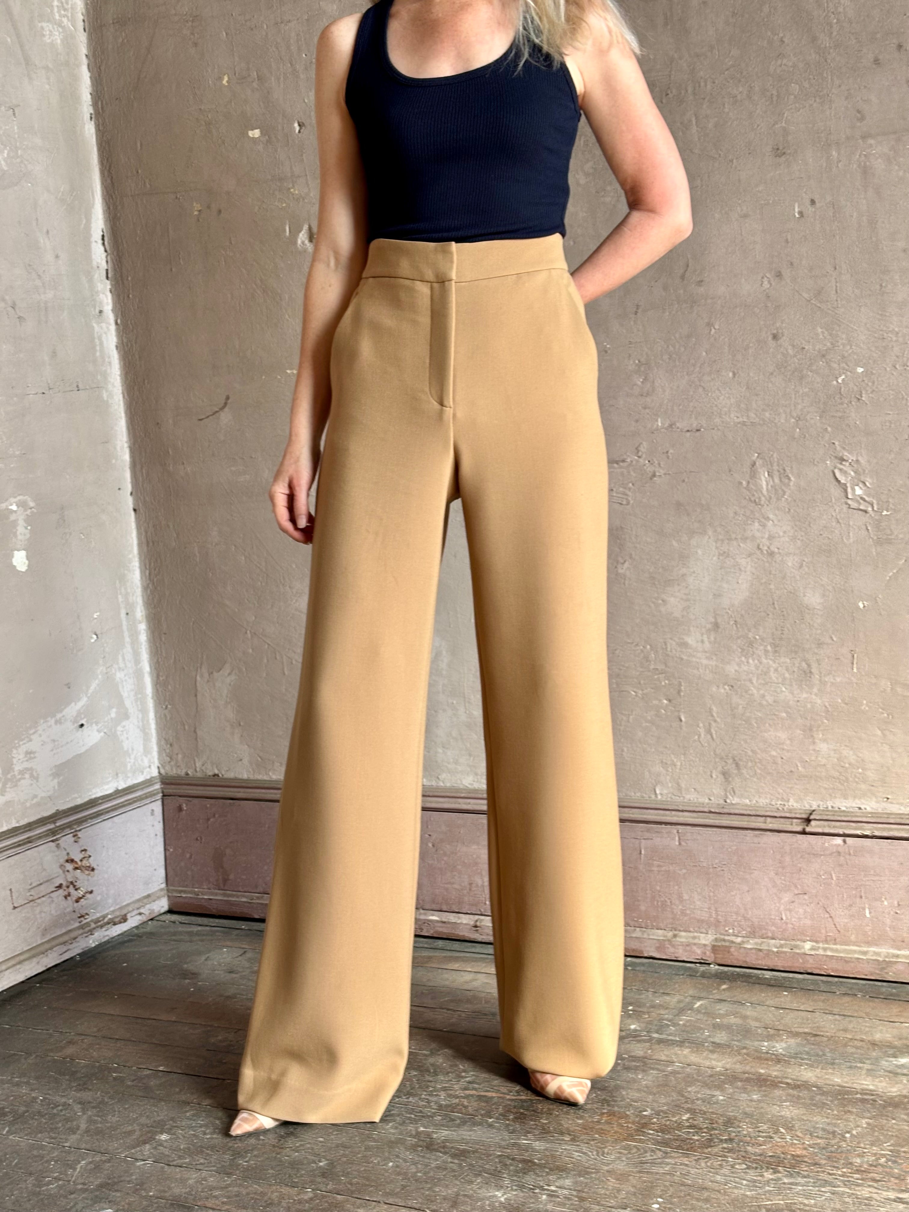 Woman wearing Veronica Beard Tonelli Pant Heritage Khaki flat-front beltless tailored trouser made in America
