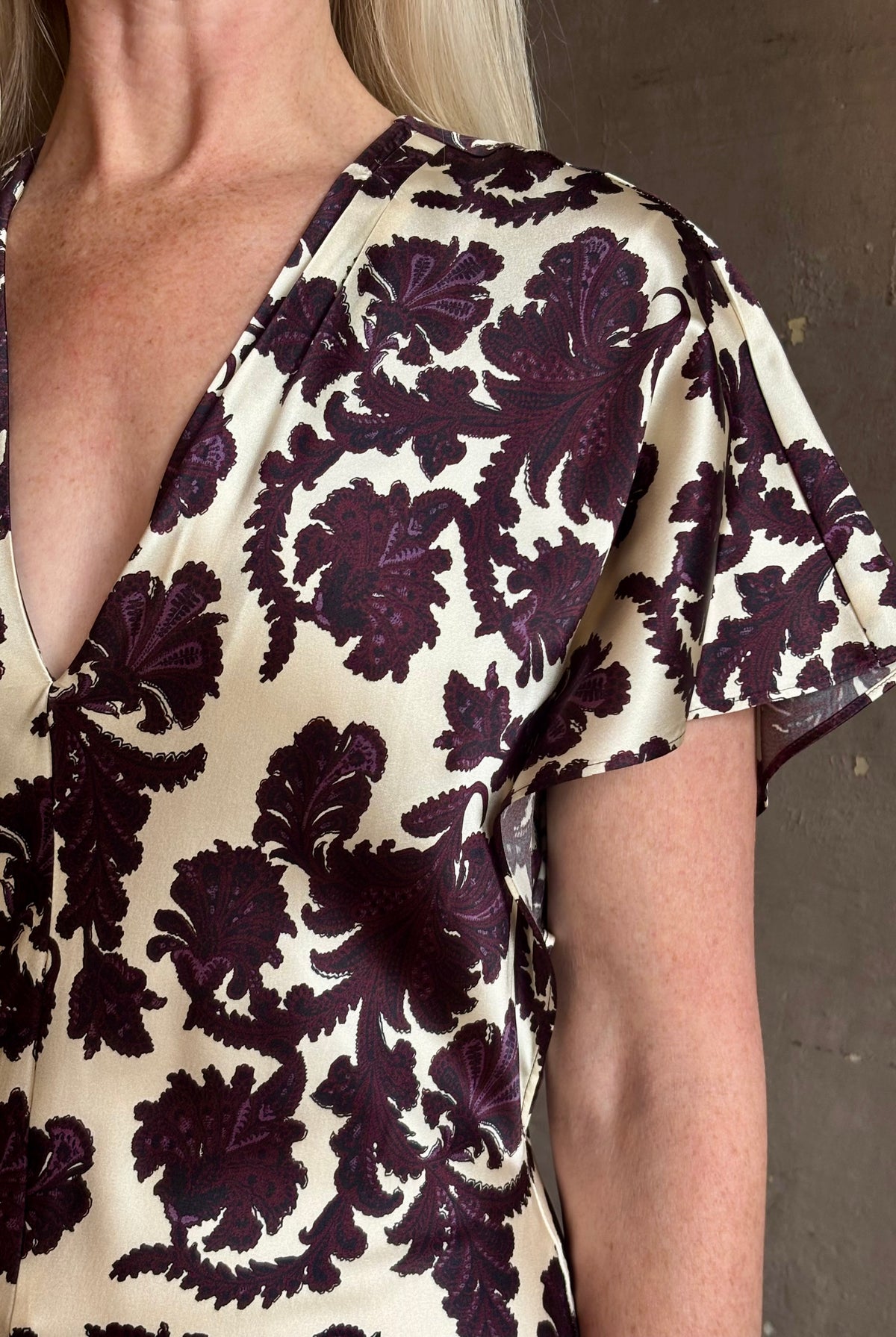 Mature woman wearing designer Veronica Beard V-Neck Redgrave Dress Ecru Multi short sleeves sheath maxi occasion-ready