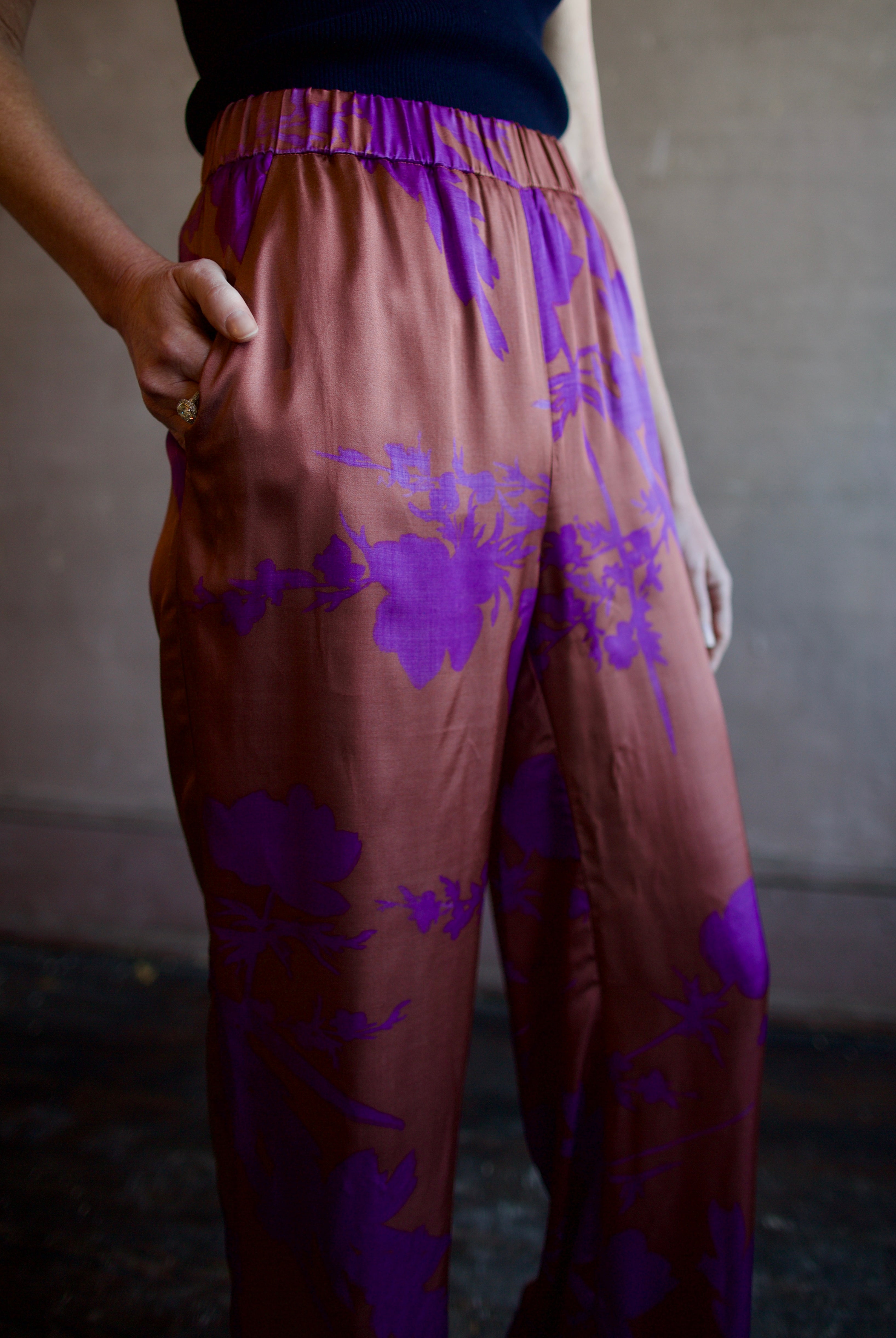 Image of woman wearing luxury brand Vanessa Bruno Cliff floral printed viscose pants features elastic waist, straight leg, side pockets and relaxed fit