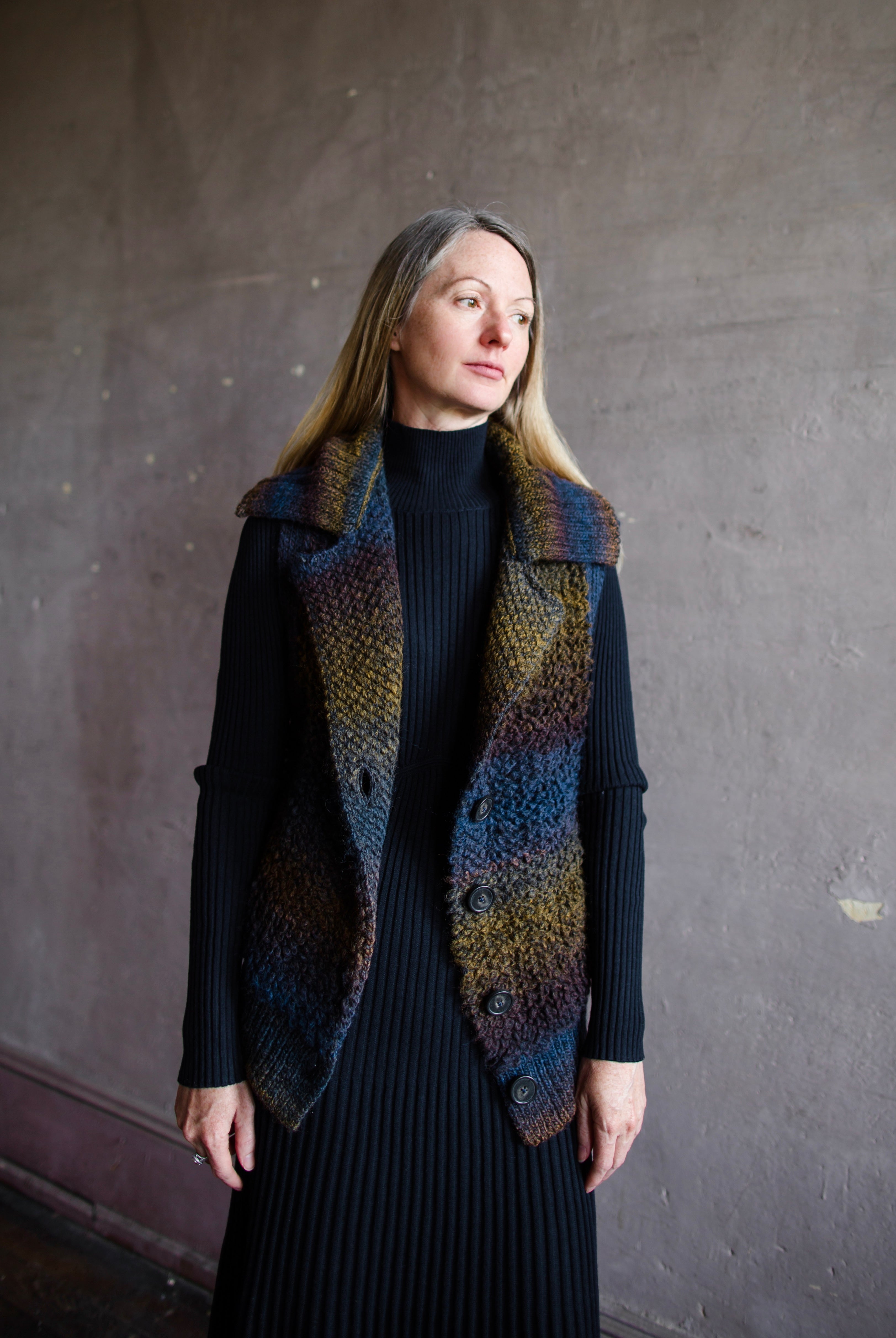 Woman wearing Vanessa Bruno dilda chunky knit vest in shade petrole merino wool blend