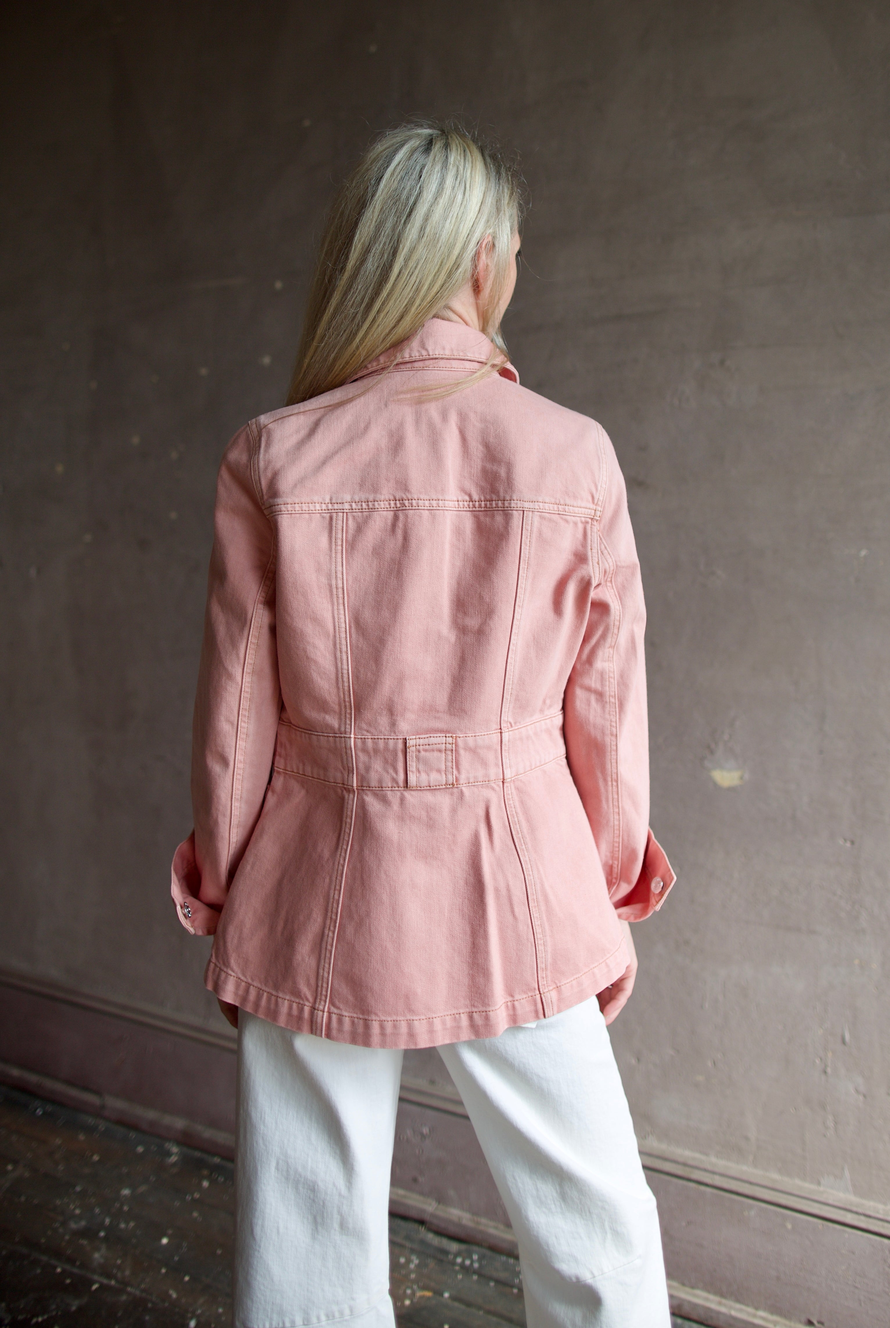 Model woman wearing premium contemporary designer Veronica Beard cotton Marvin field Jacket in pink with refined feminine tailoring