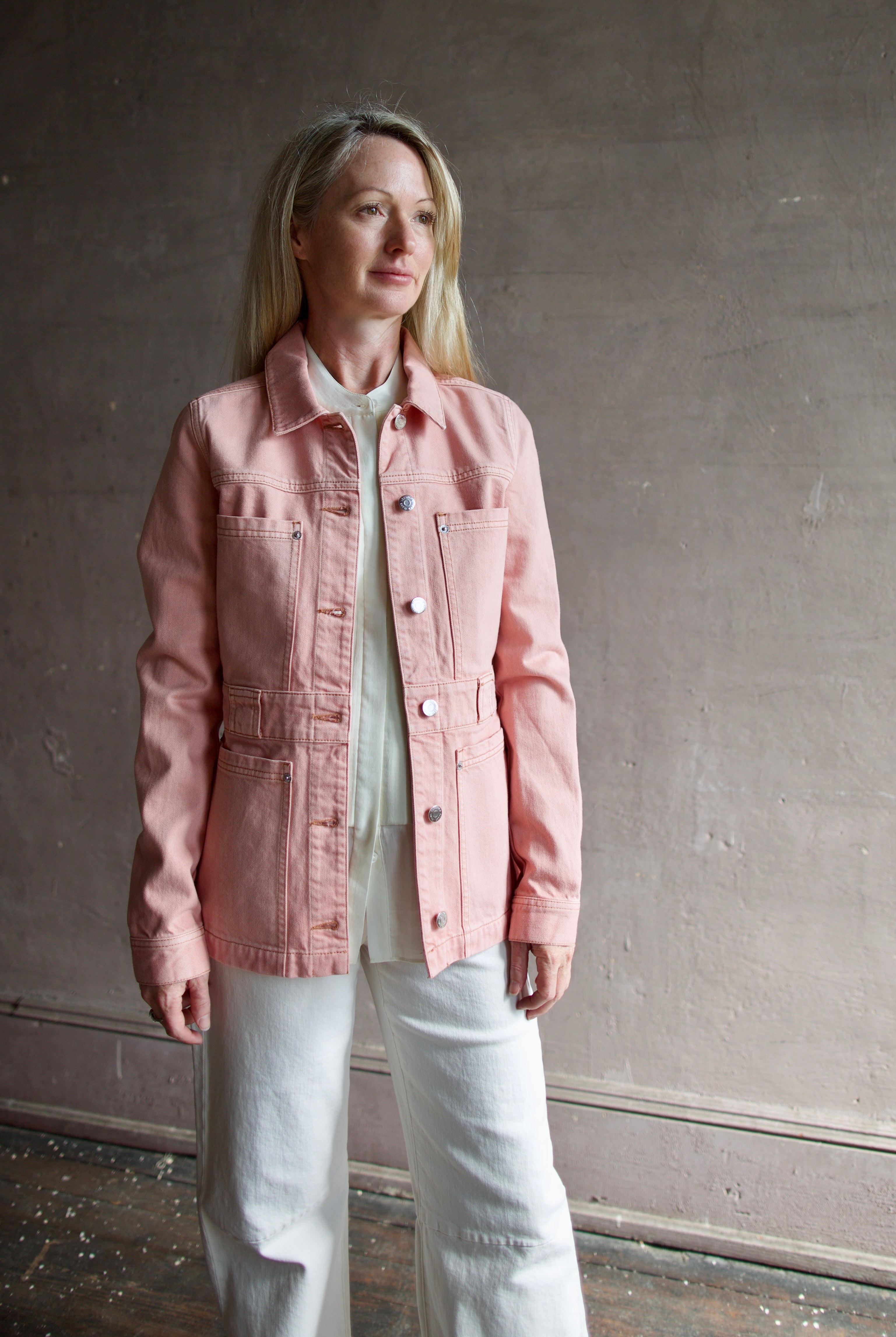 Model woman wearing premium contemporary designer Veronica Beard cotton Marvin field Jacket in pink with refined feminine tailoring