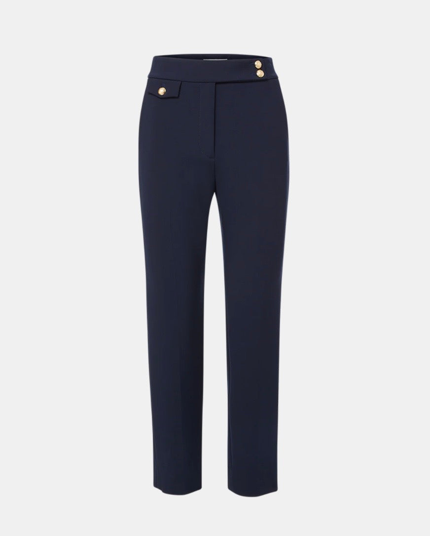 Veronica Beard high rise slim leg Renzo Pants in Navy blue with gold buttons ankle length and stretch