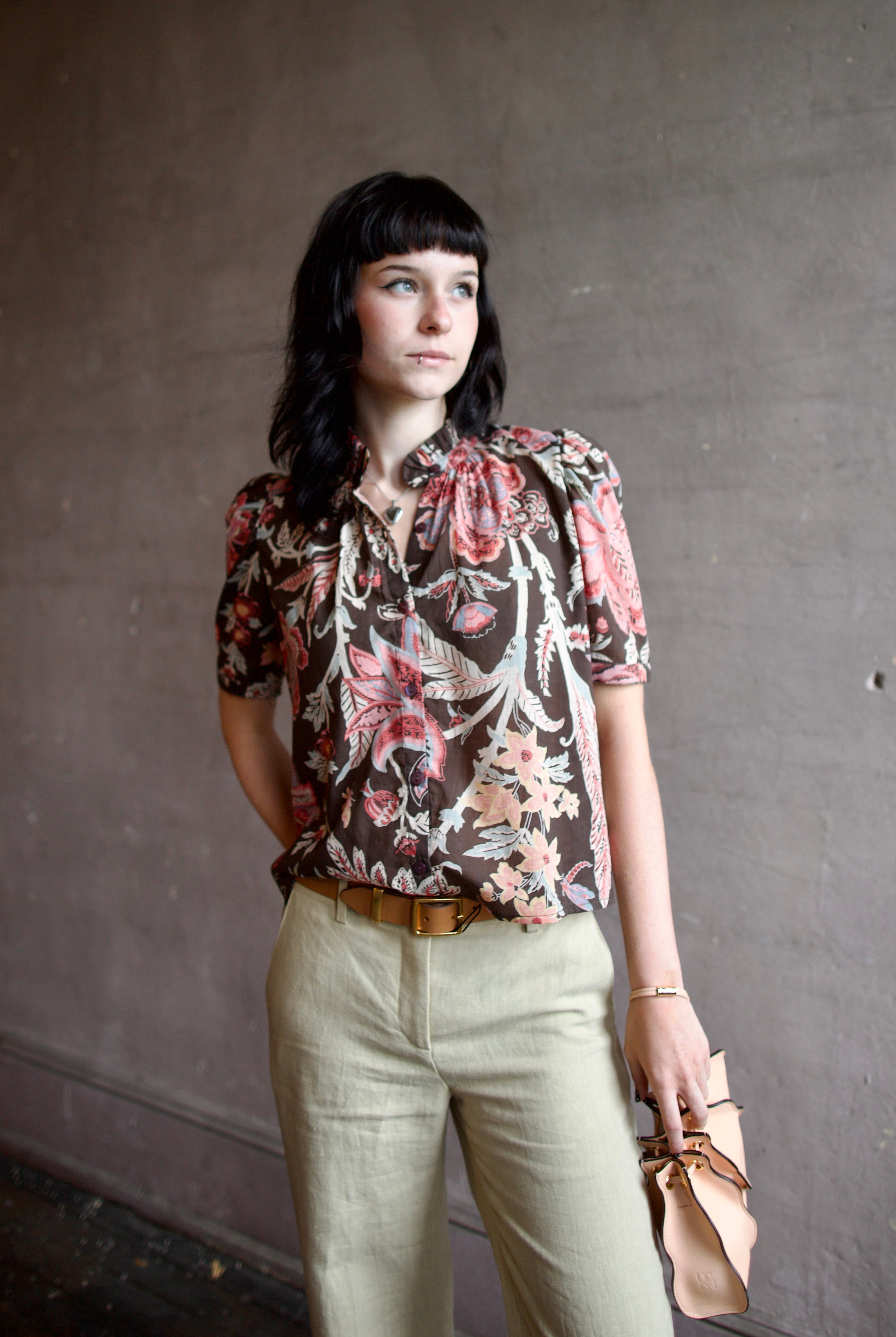 Model wearing the Alix of Bohemia Winn Terra Floral Shirt in sophisticated rich chocolate brown lightweight cotton