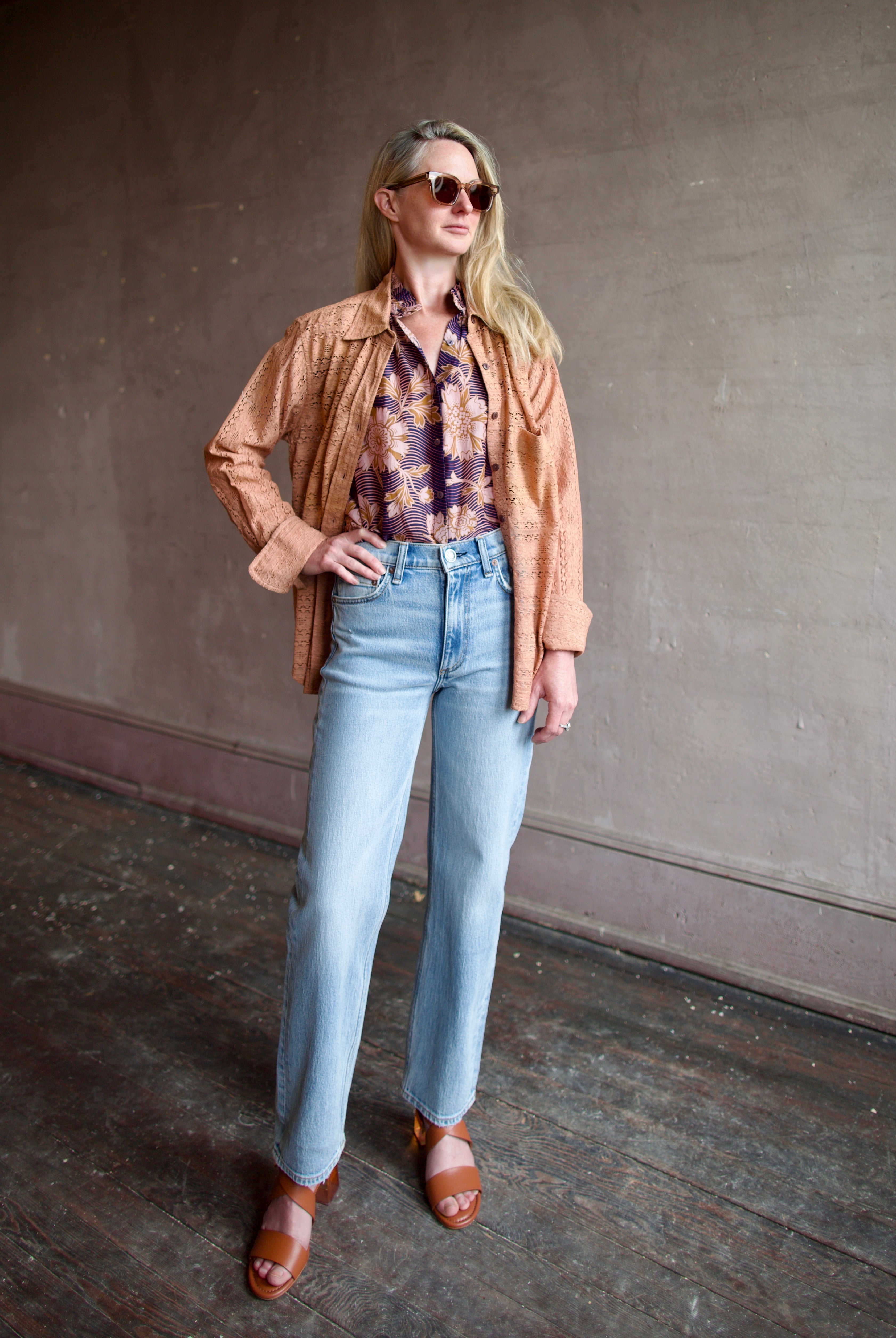 Image of woman wearing the alix of bohemia ondine mocha lace shirt showcasing artisanal sophistication through premium cotton construction