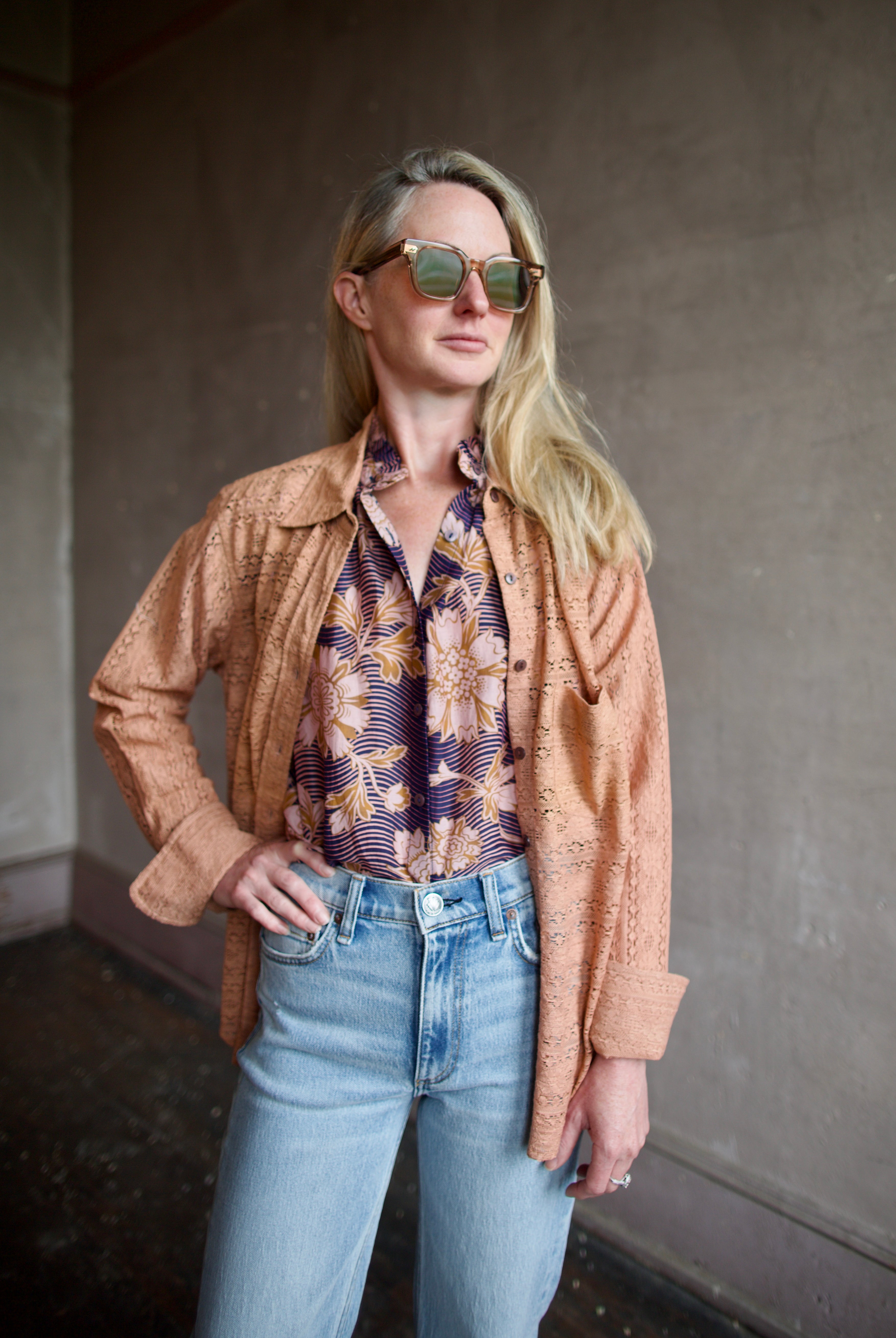 Image of woman wearing the alix of bohemia ondine mocha lace shirt showcasing artisanal sophistication through premium cotton construction