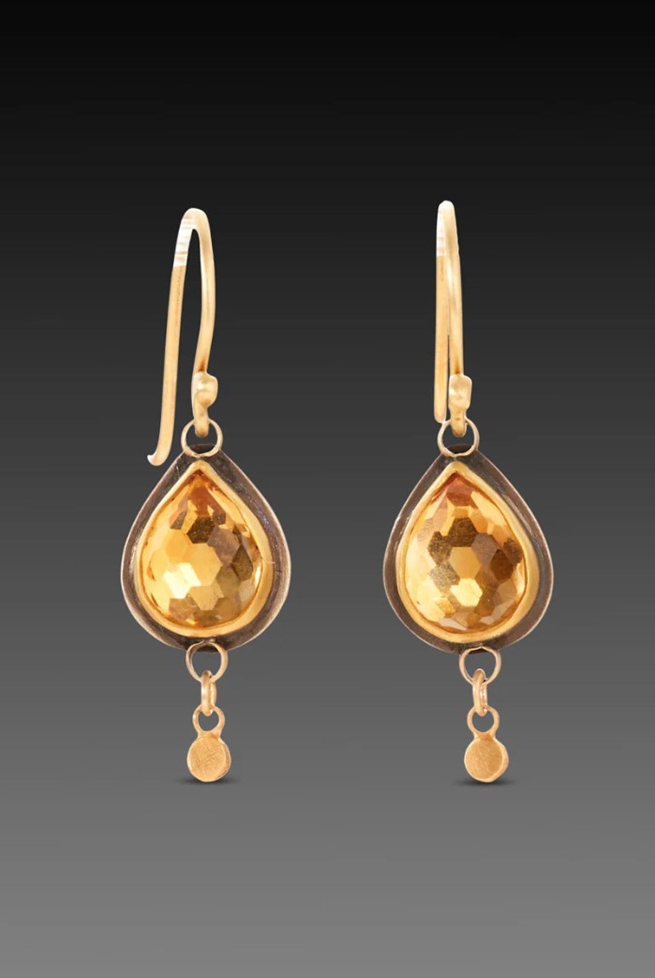 Image of designer Ananda Khalsa premium handcrafted rosecut citrine with elegant 22kt gold bezel setting, 18kt gold earwires, and 22kt gold drops