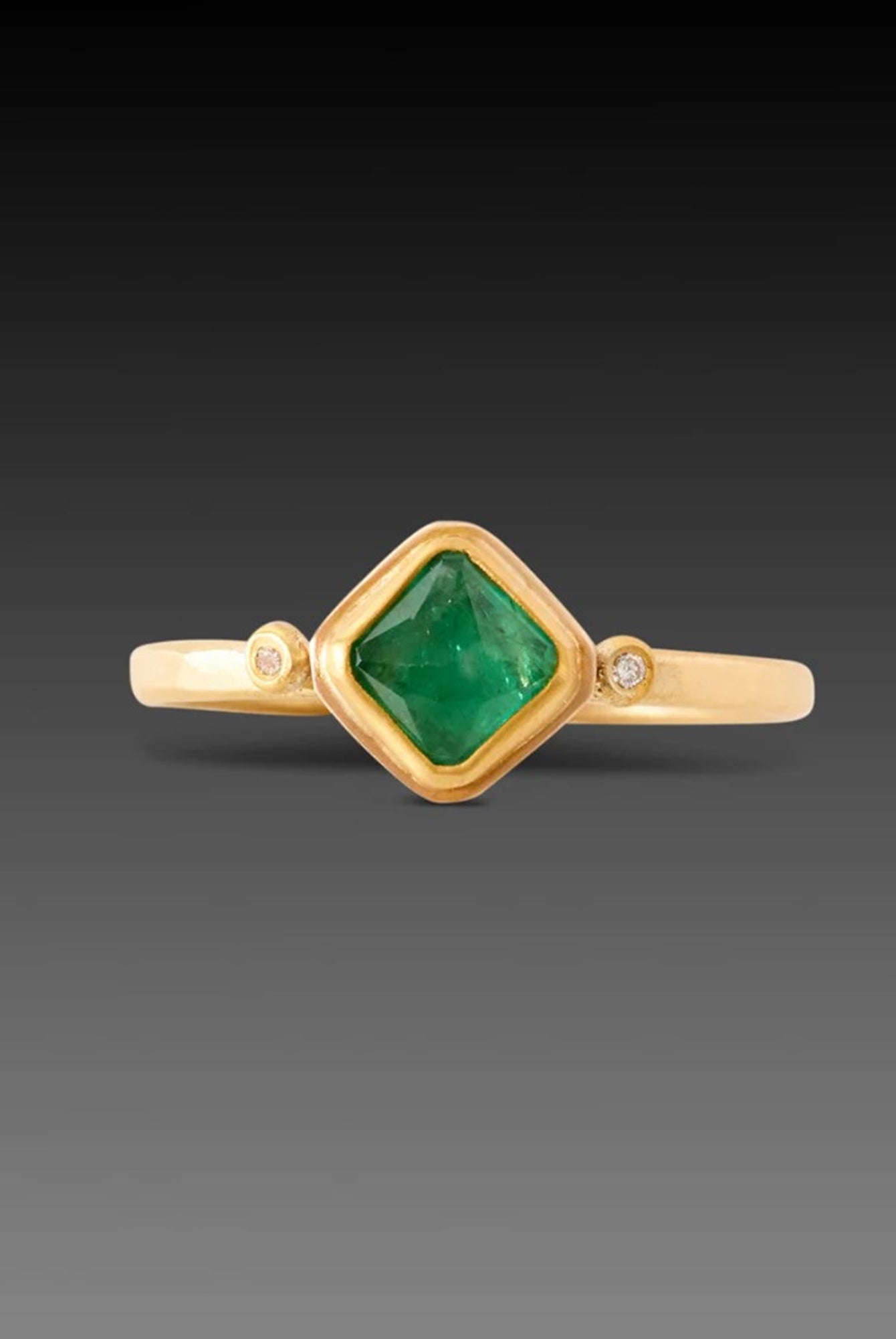 Image of Ananda Khalsa luxury handmade rosecut square emerald ring with elegant 22kt gold bezel setting, 18kt gold band, and white diamond accents