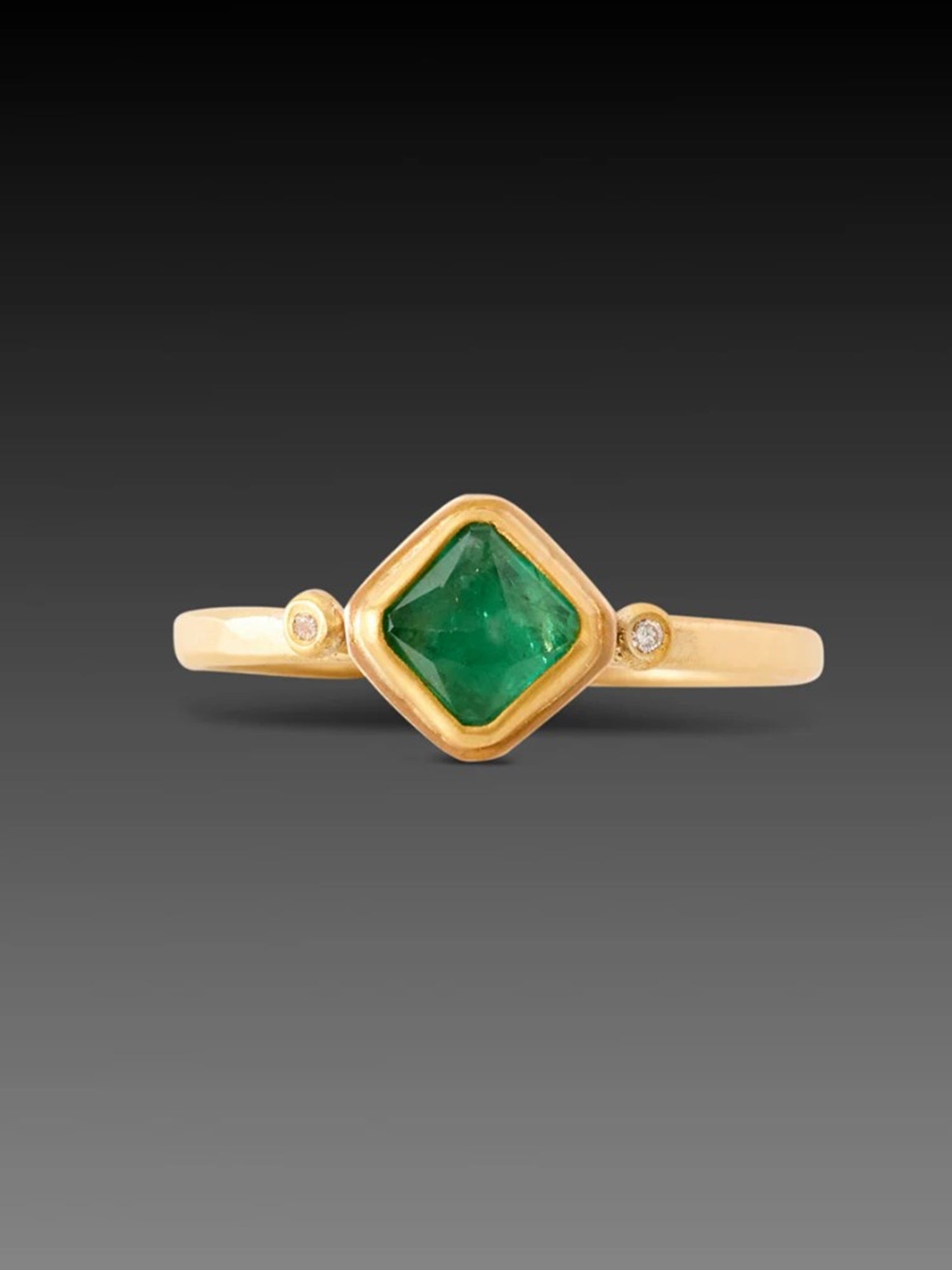 Image of Ananda Khalsa luxury handmade rosecut square emerald ring with elegant 22kt gold bezel setting, 18kt gold band, and white diamond accents