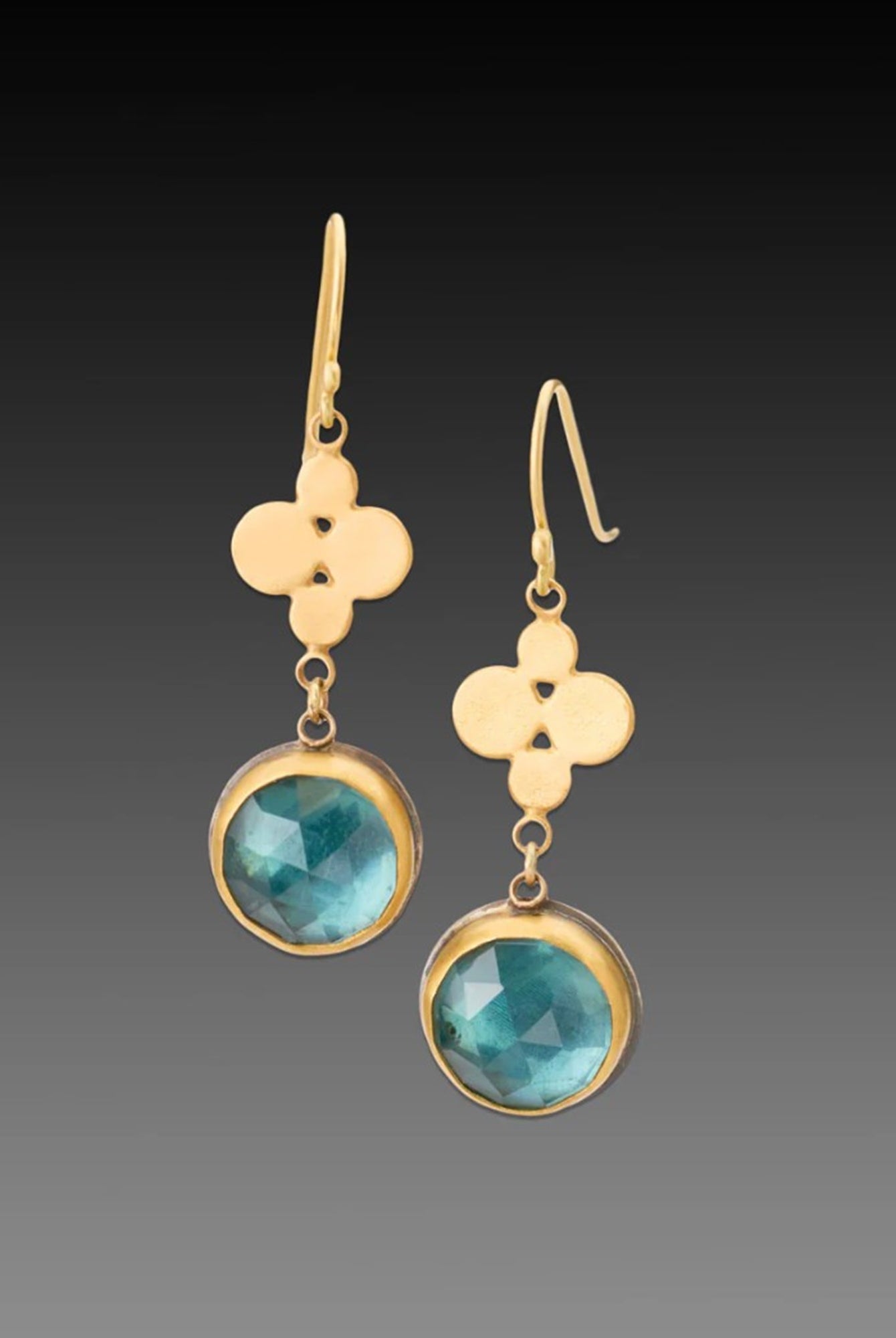 Image of fine jeweler Ananda Khalsa Rosecut London Blue Topaz Drop Earrings with 22kt gold bezel setting and multi-dot charms