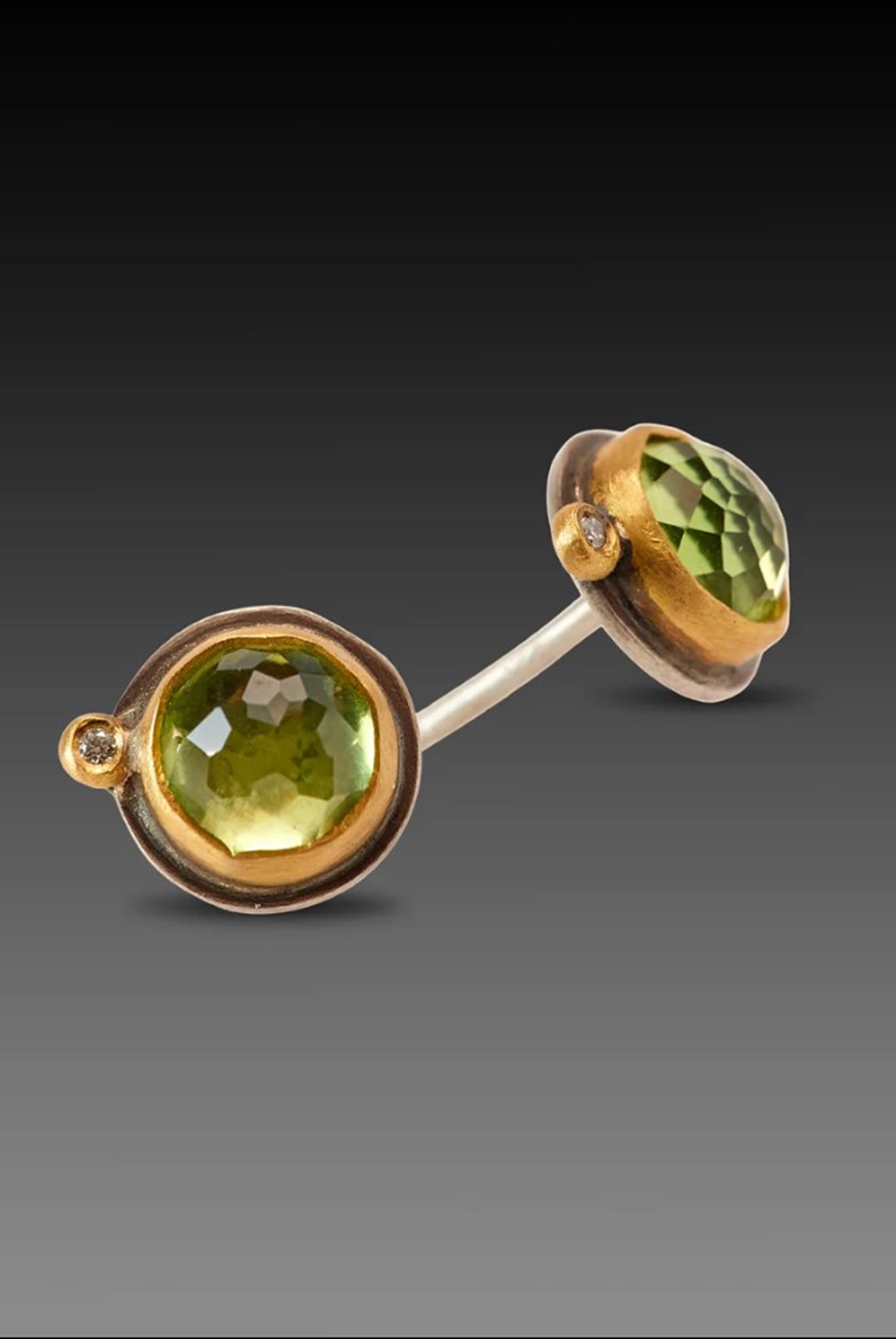 Image of Ananda Khalsa Rosecut Peridot Stud Earrings premium handcrafted construction in 22kt gold with a diamond dot accents