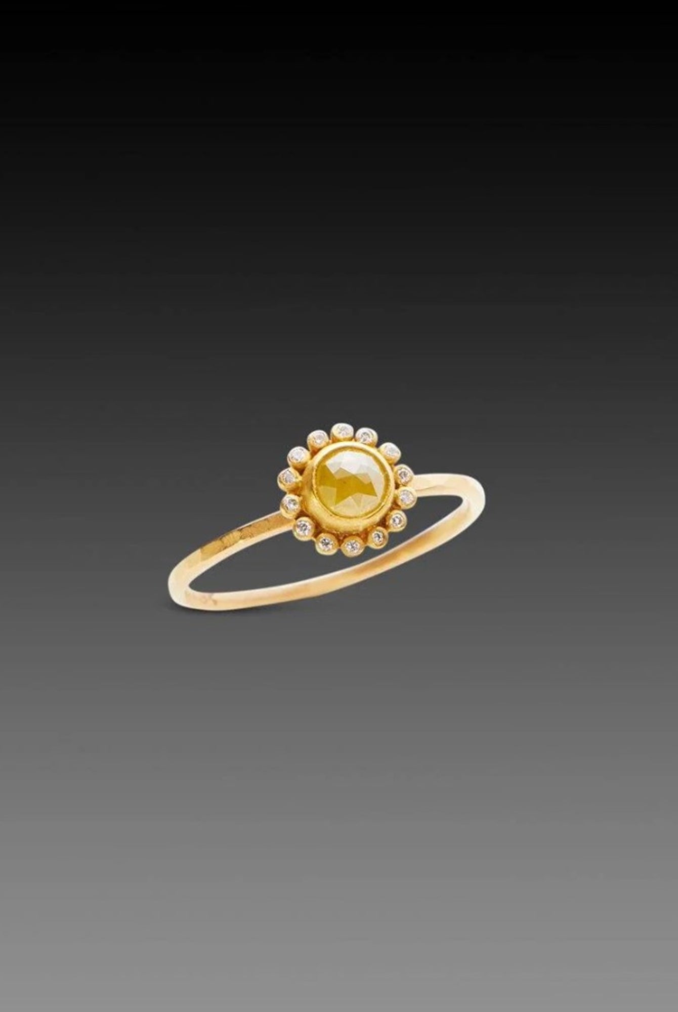 Image of Ananda Khalsa expertly handcrafted 18k matte gold ring with a center Rosecut Yellow Diamond and white diamond halo surround