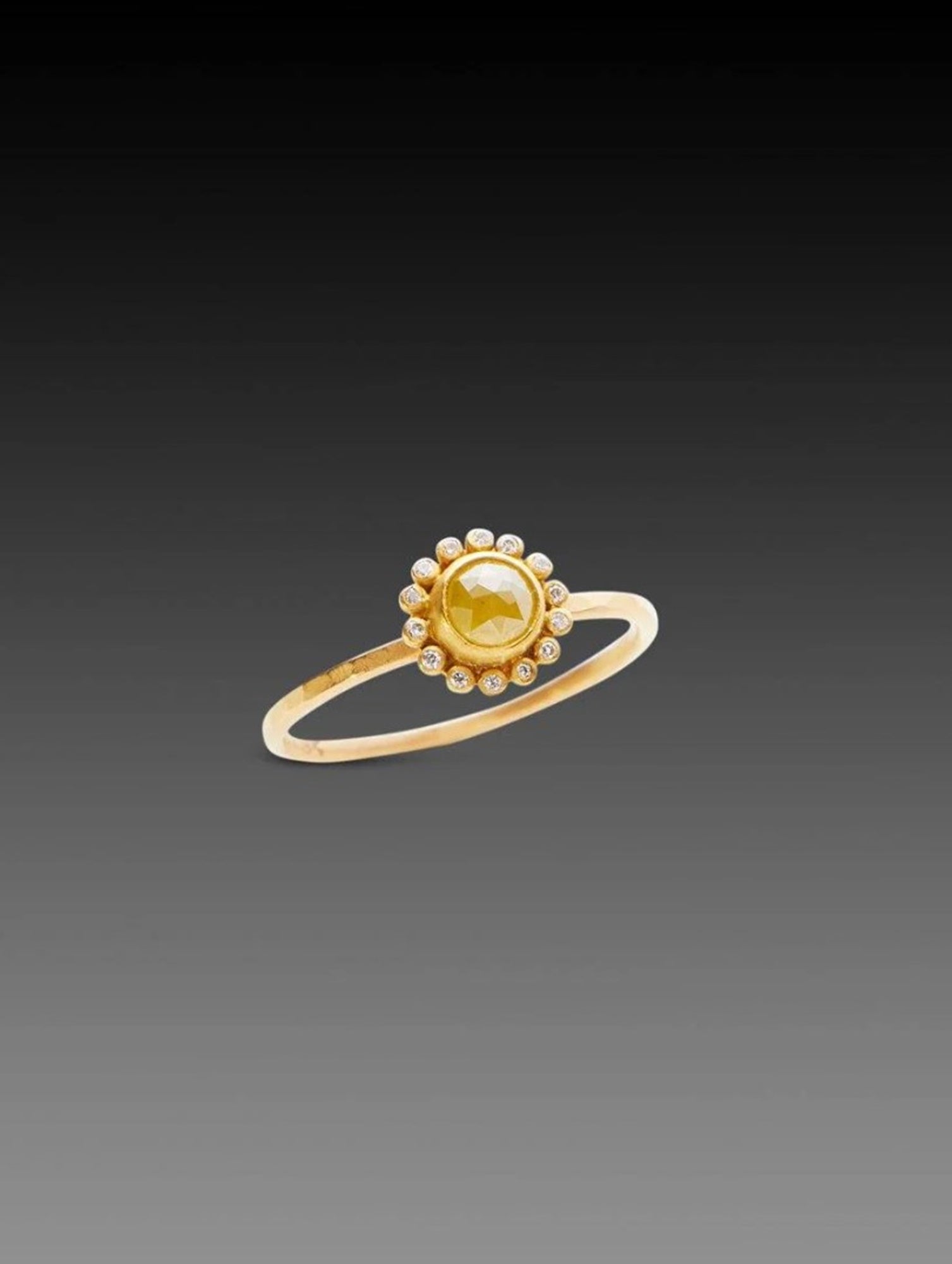 Image of Ananda Khalsa expertly handcrafted 18k matte gold ring with a center Rosecut Yellow Diamond and white diamond halo surround