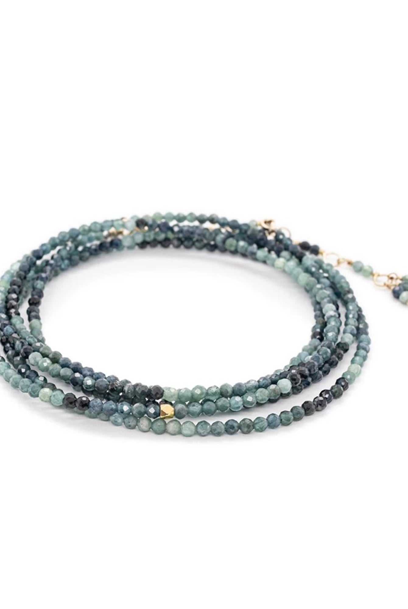 image of designer anne sportun blue tourmaline wrap bracelet with natural stones and 18K gold that can double as a necklace
