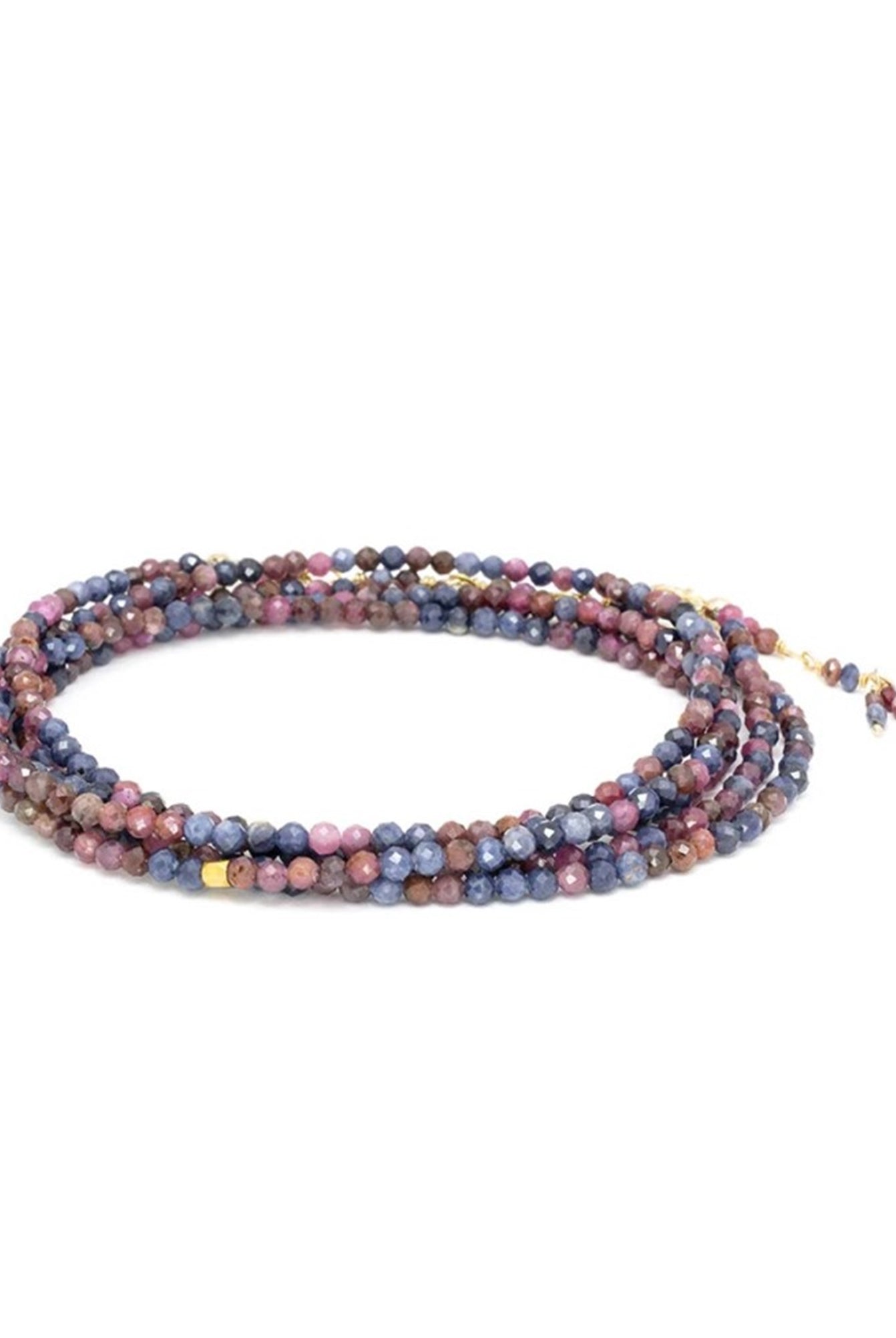 image of designer anne sportun wrap bracelet with Genuine Pink and Blue Sapphire stone beads and 18K Yellow Gold that can double as a necklace