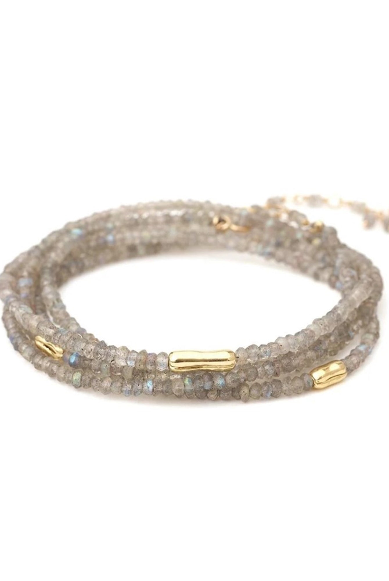 image of designer anne sportun three 18K gold accent river embellishments in a labradorite wrap bracelet that can also be worn as a necklace