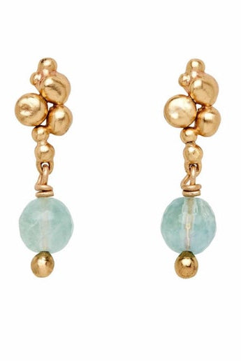artist Julie Cohn earrings features bronze cast bubbles with fluorite stone drops on gold filled posts