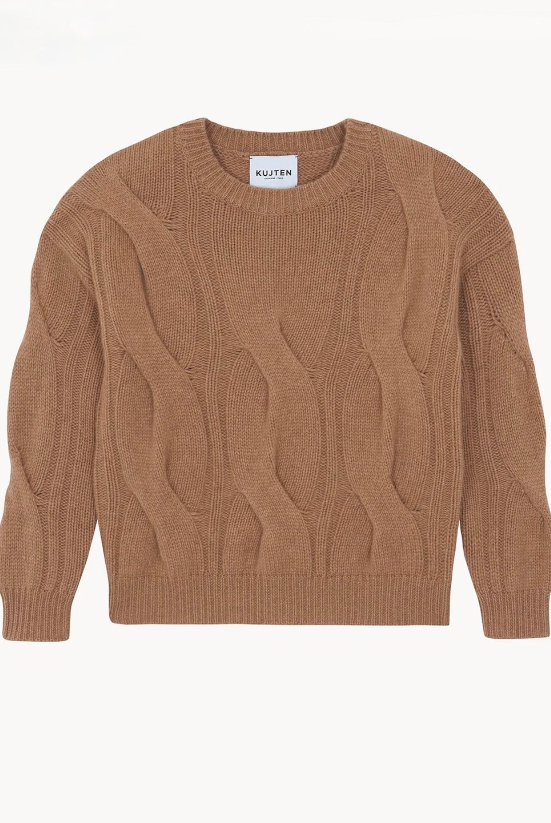 Image of luxury french cashmere brand Kujten Nils camelo sweater with beautiful woven textural interest