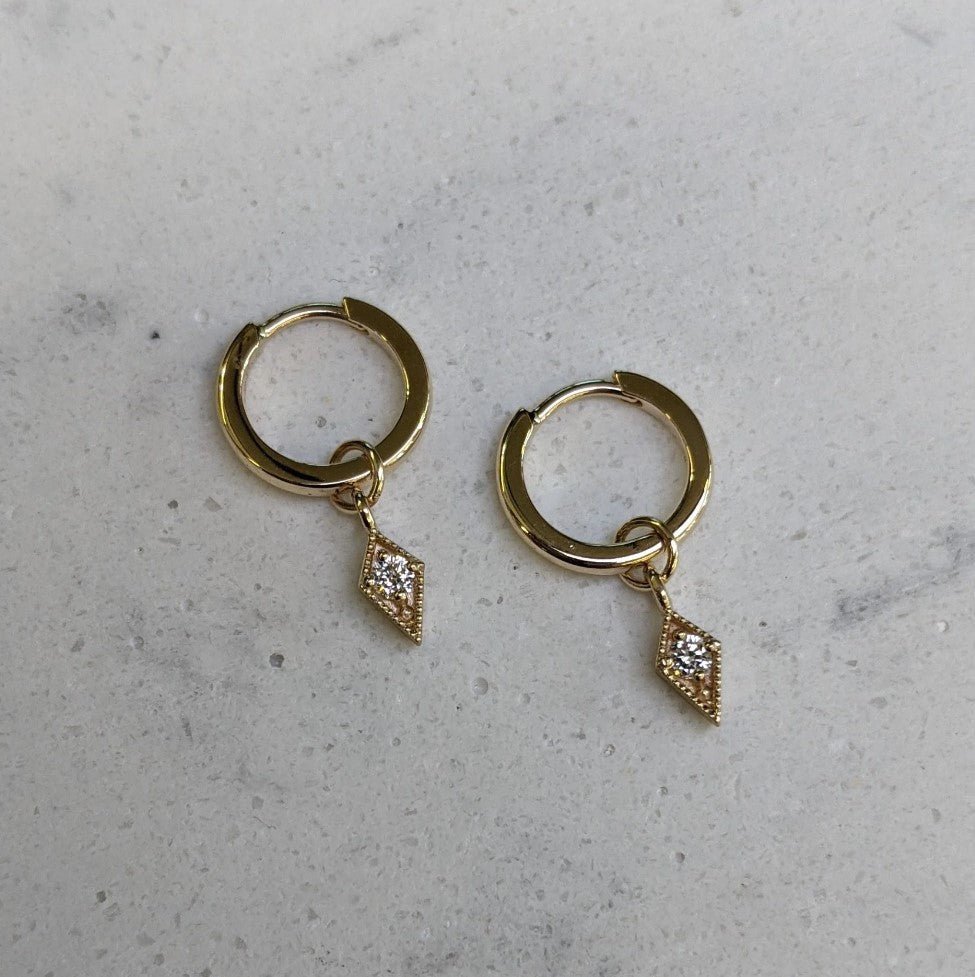 Image of Asheville Jeweler TEPHANIE ELLIS Diamond Charm Hoops in 14K Recycled Yellow Gold Fine Jewelry