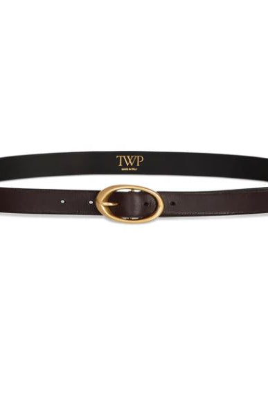 Image featuring TWP dark brown and antiqued brass oval buckle narrow leather belt