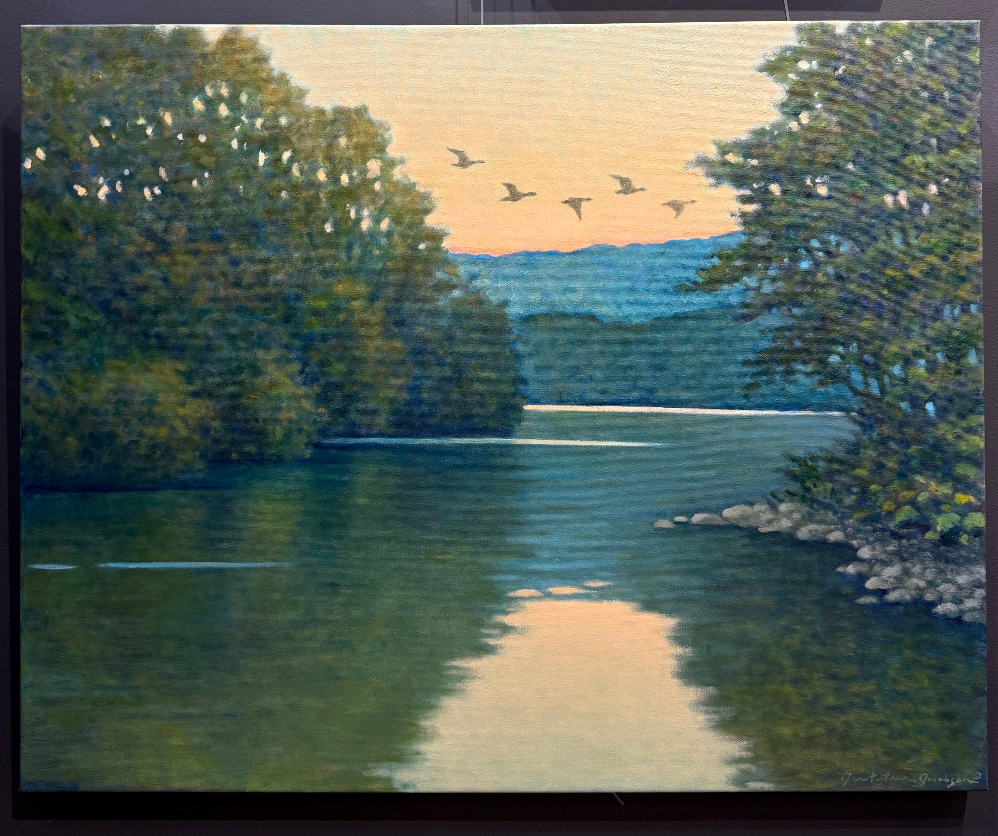 Original oil on canvas waterscape painting from North Carolina painter Janet Green Jacobson with mountains cape trees and river 