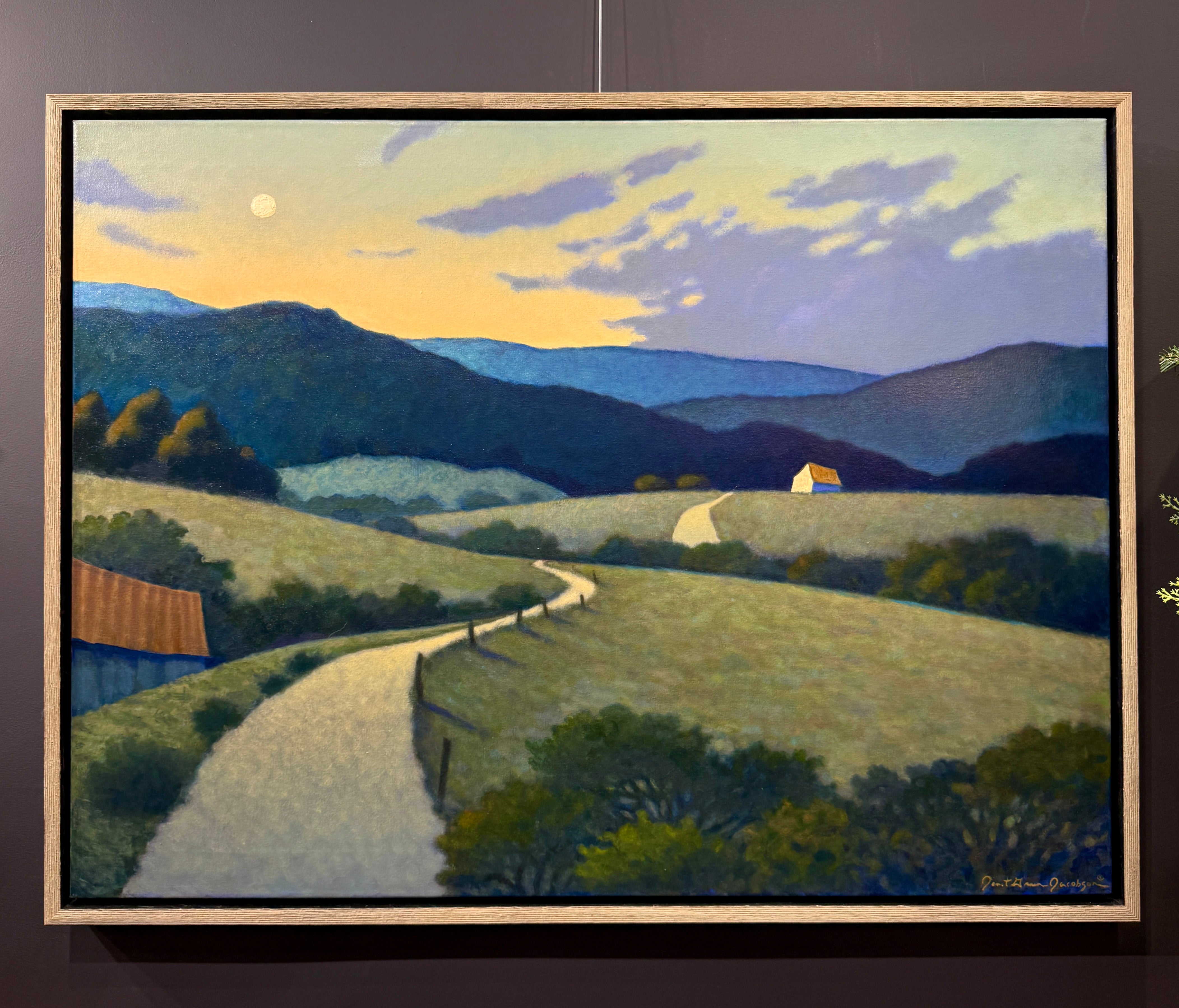 Original oil on canvas painting by North Carolina painter Janet Green Jacobson featuring rolling hills barn mountains and meandering country road
