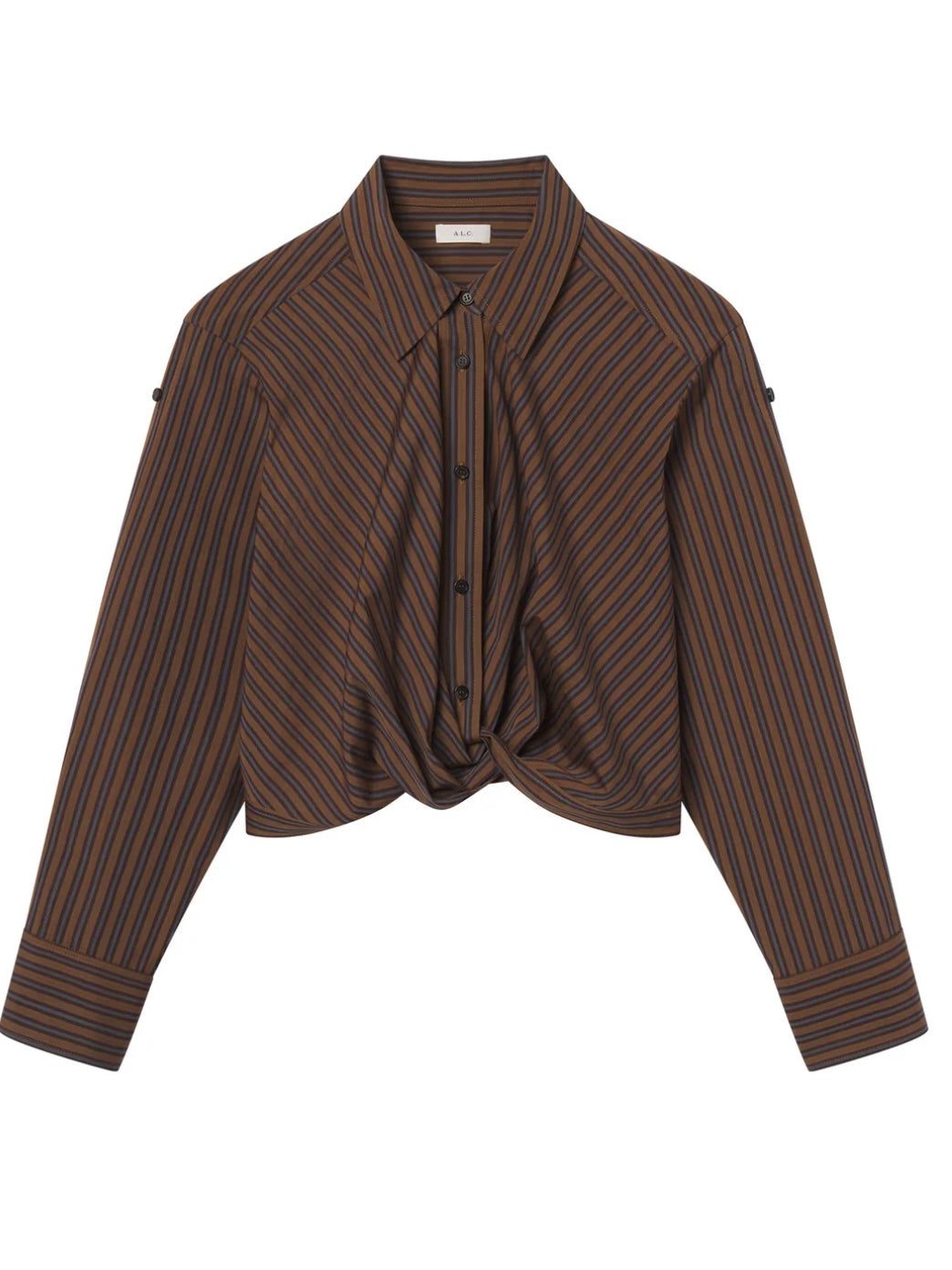 Model wearing the cotton ALC Leo button down shirt with brown and blue stripes and crop twist front