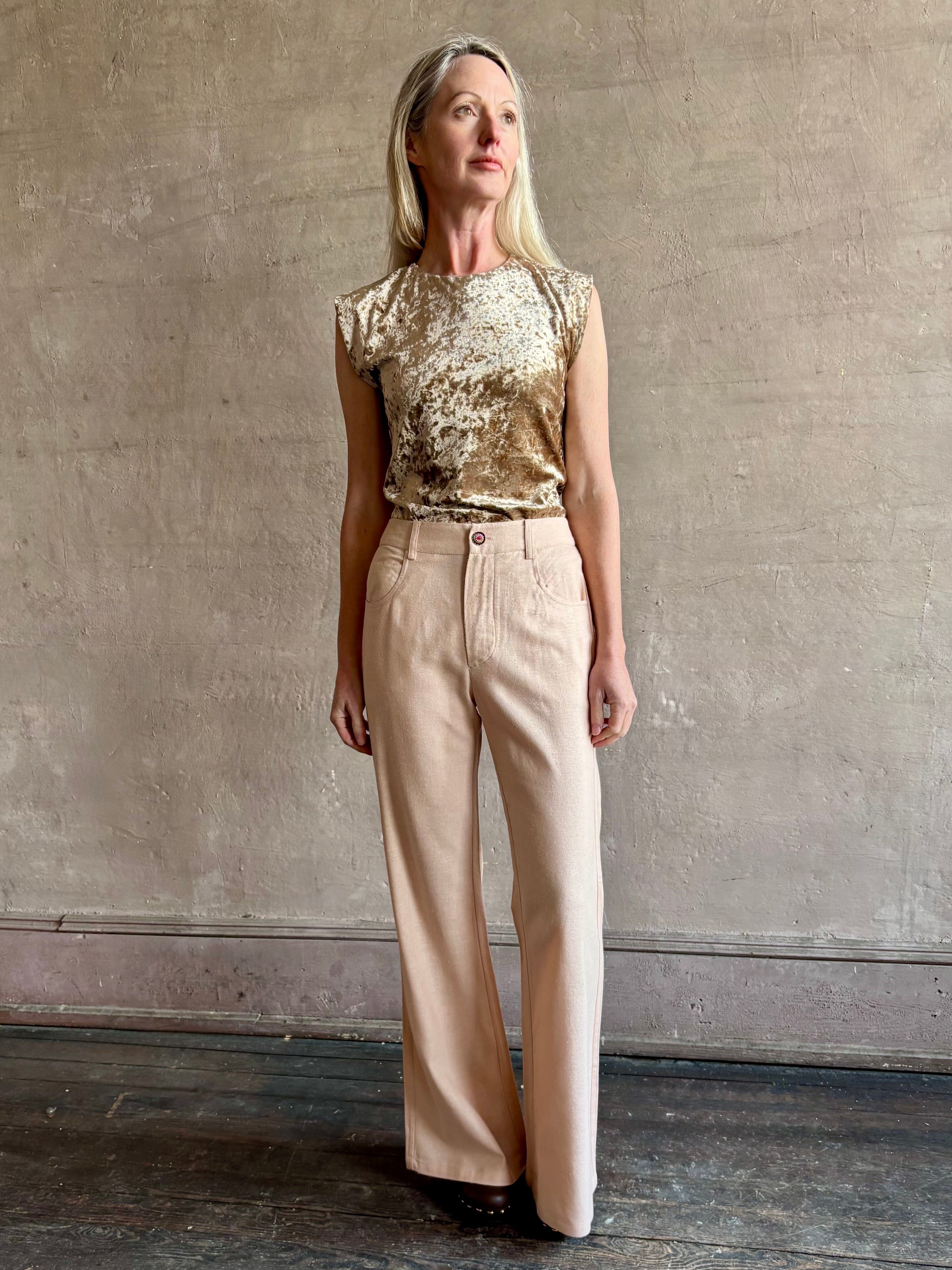 Image of woman wearing ALIX OF BOHEMIA elevated casual wear matte silk Bunny Jean with hand-made pottery button