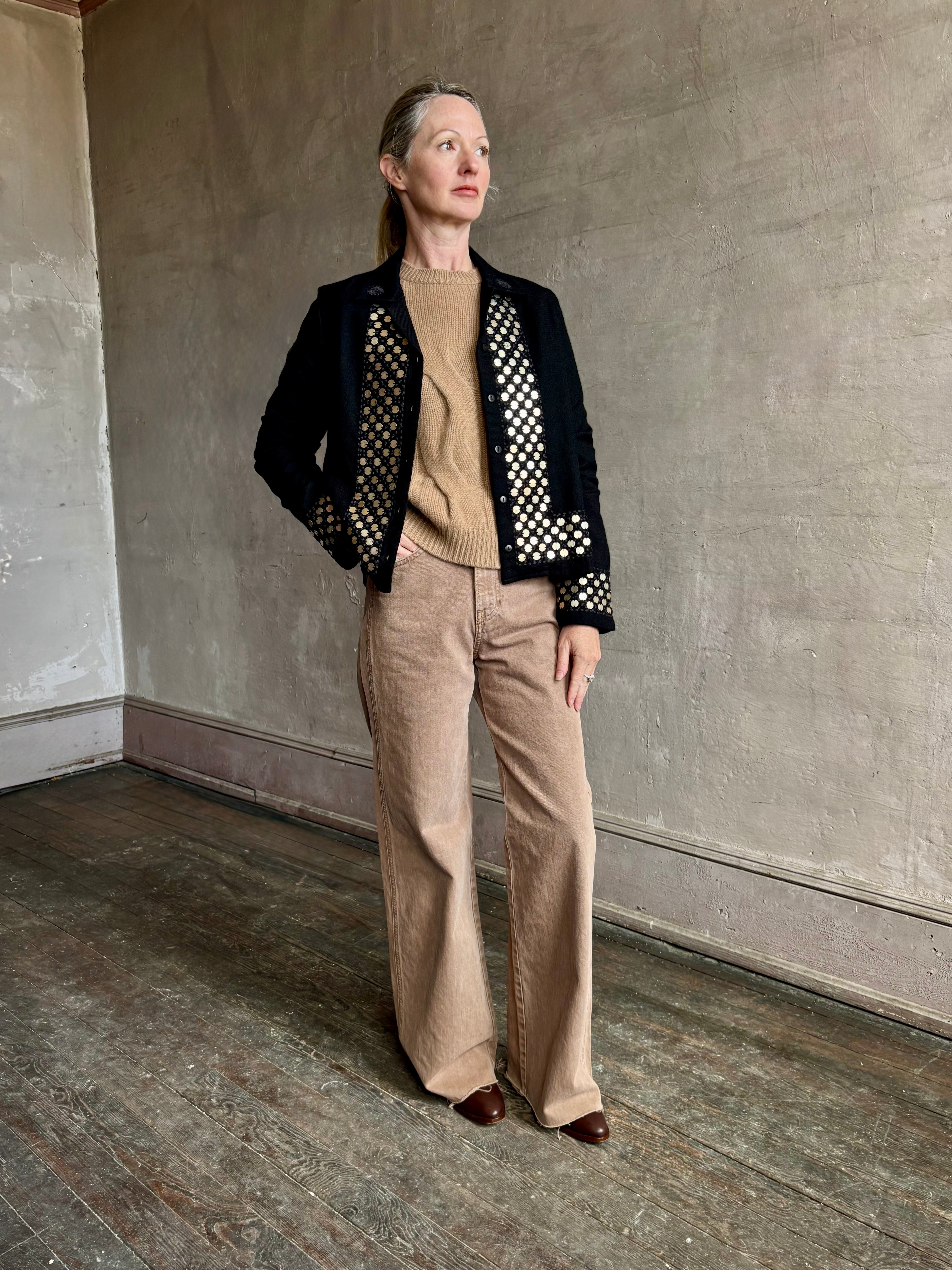 Image of woman wearing Alix of Bohemia premium wool  Pippa Spur button down open as a luxury layering shacket for elevated style