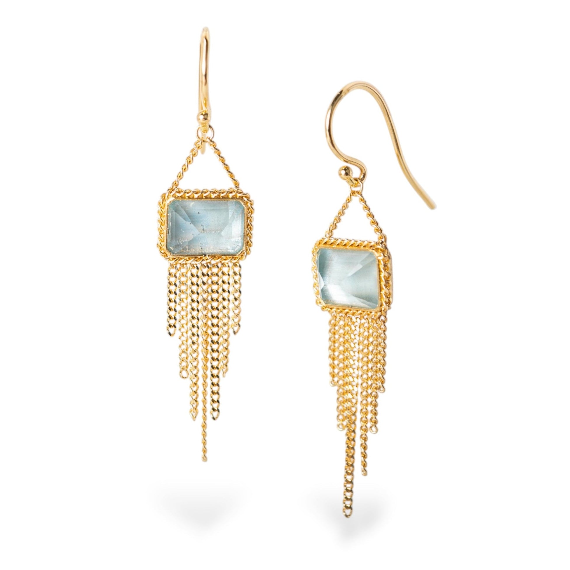 Image of handmade New York designer Amali rectangular aquamarine and 18k yellow gold drop earrings with elegant gold fringe dangle 