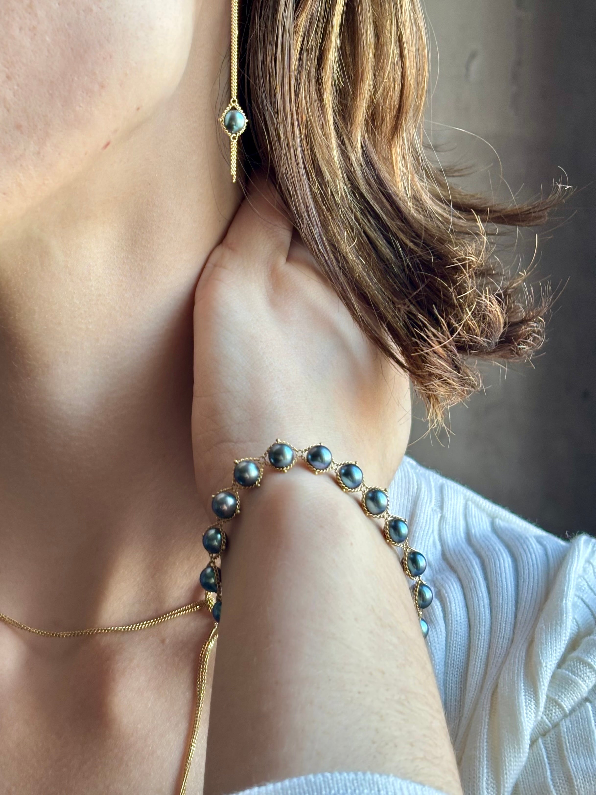 The Blue Akoya Pearl Bracelet from Amali fine jewelry piece that celebrates the rare beauty of blue Akoya pearls in refined 18K gold setting and handcrafted in New York