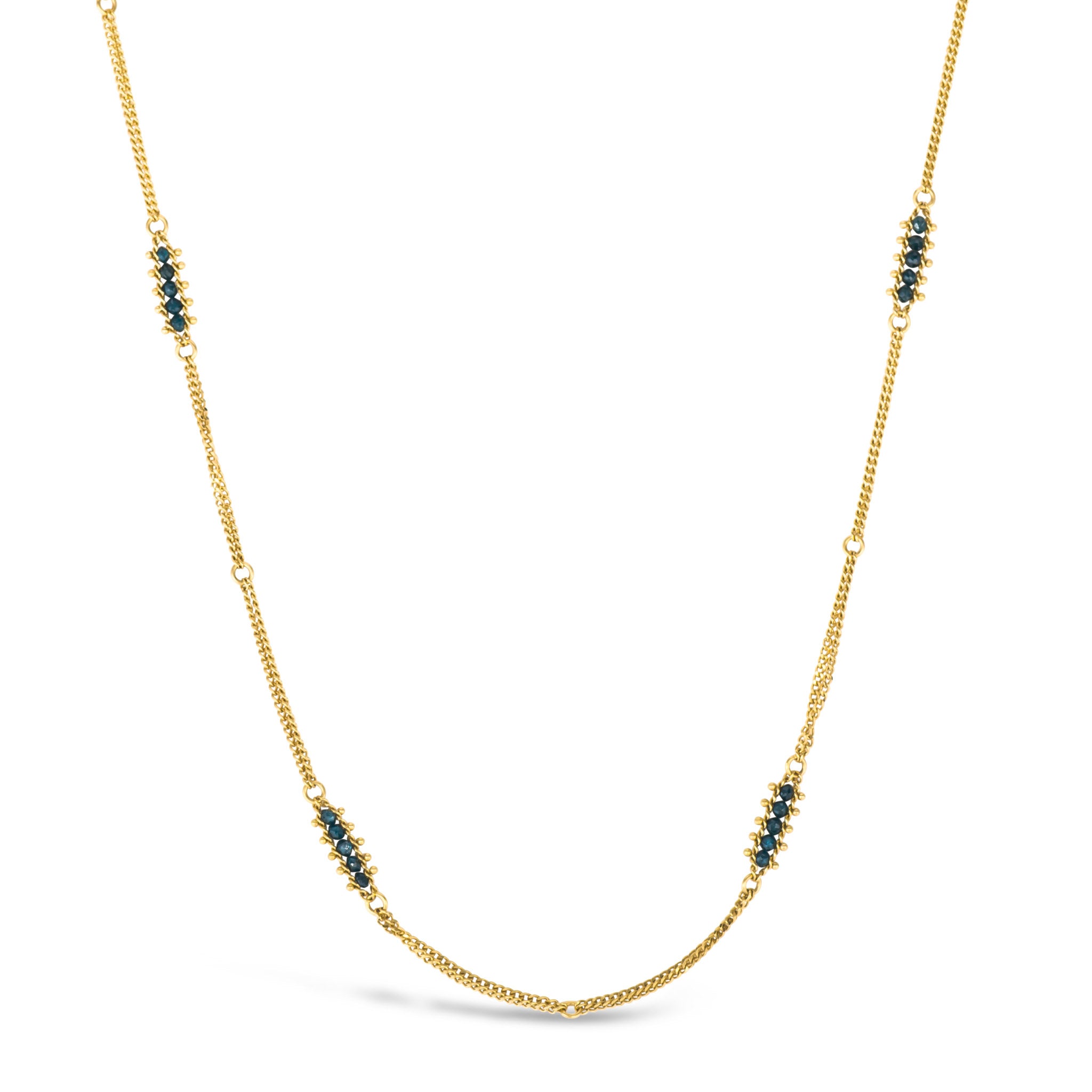 Image of a double layered chain natural blue diamond necklace from fine jewelry designer Amali handcrafted in Chapel Hill North Carolina in warm 18K yellow gold