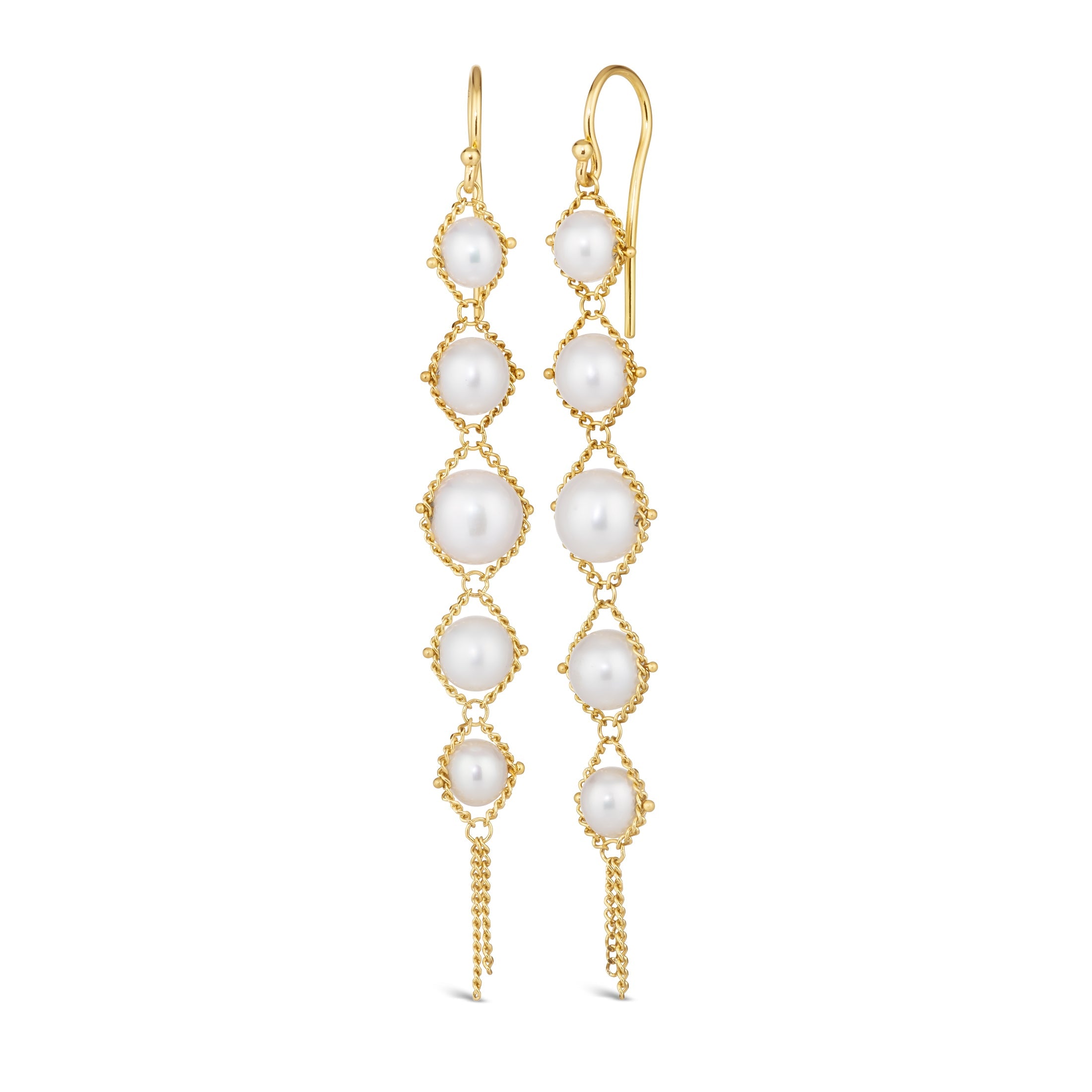 Image of graduated Akoya Pearl Drop Earrings from North Carolina fine jewelry artist Amali with each lustrous white Akoya pearl individually suspended in hand-woven lengths of delicate 18K yellow gold chain and french wire hooks