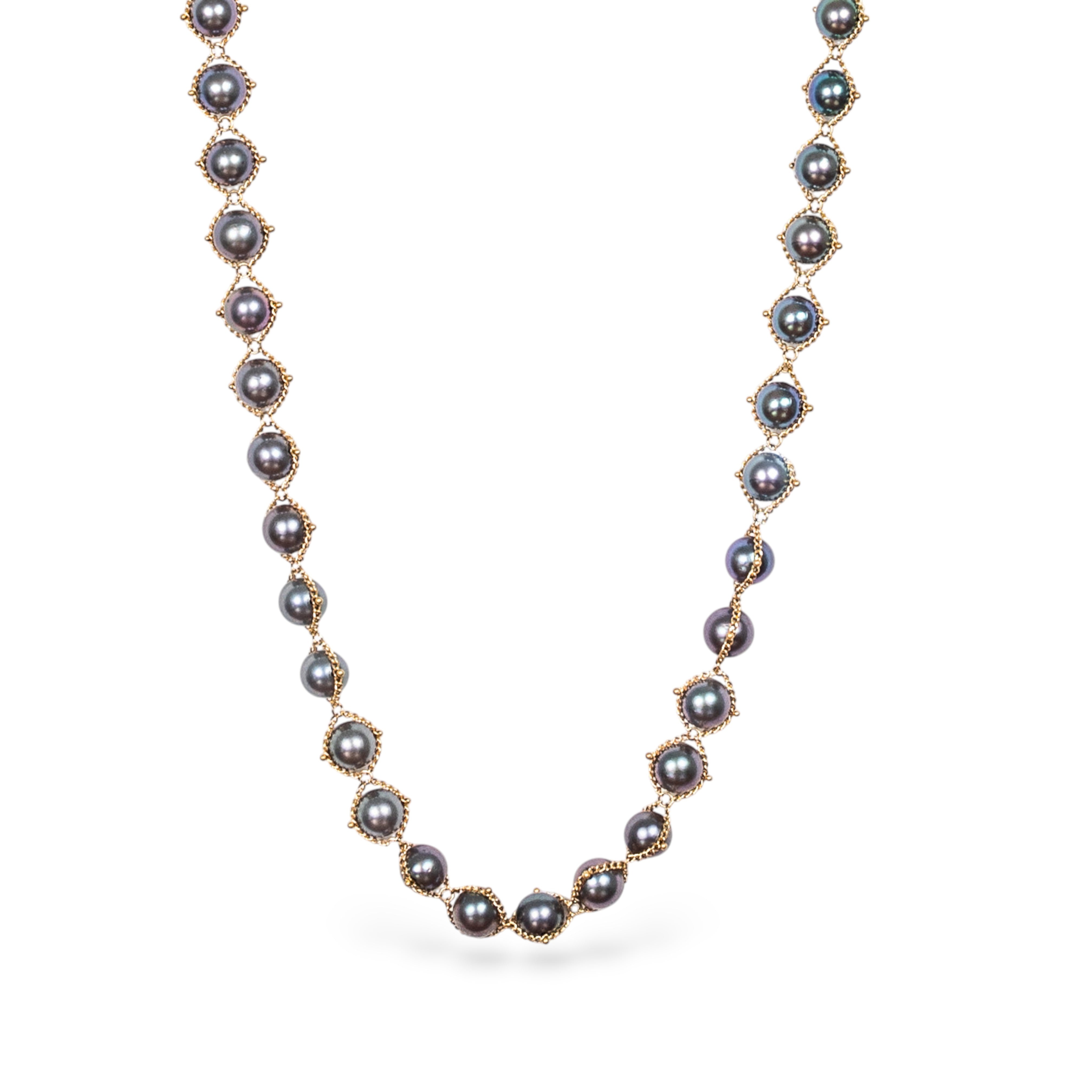 Image of luxury Grey Akoya Pearl Necklace from fine jewelry artist Amali handcrafted in New York in warm 18K yellow gold with matching necklace and earrings 