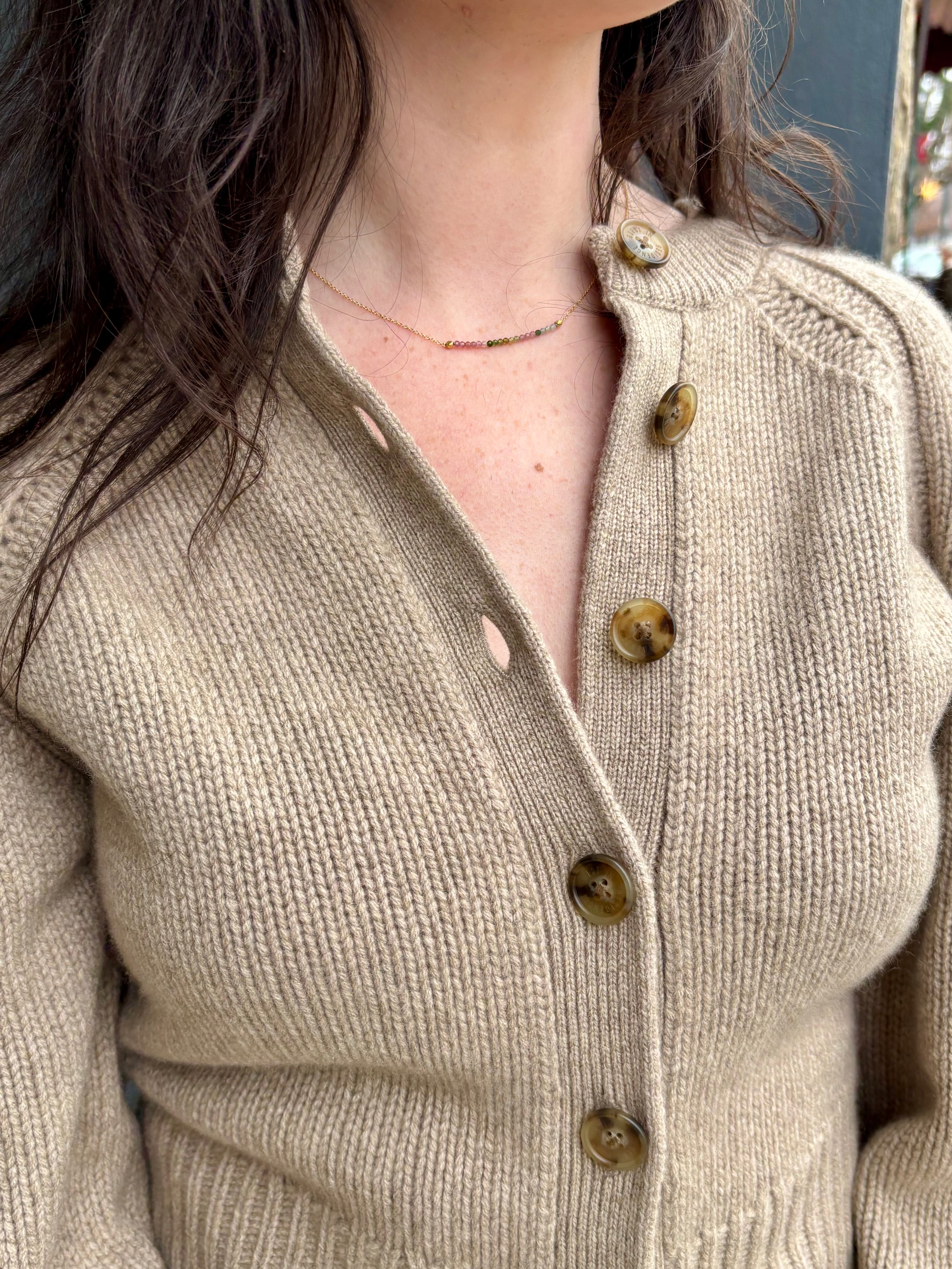 Image of woman wearing fine jewelry designer ANNE SPORTUN Center Watermelon Tourmaline Necklace in 18k yellow gold