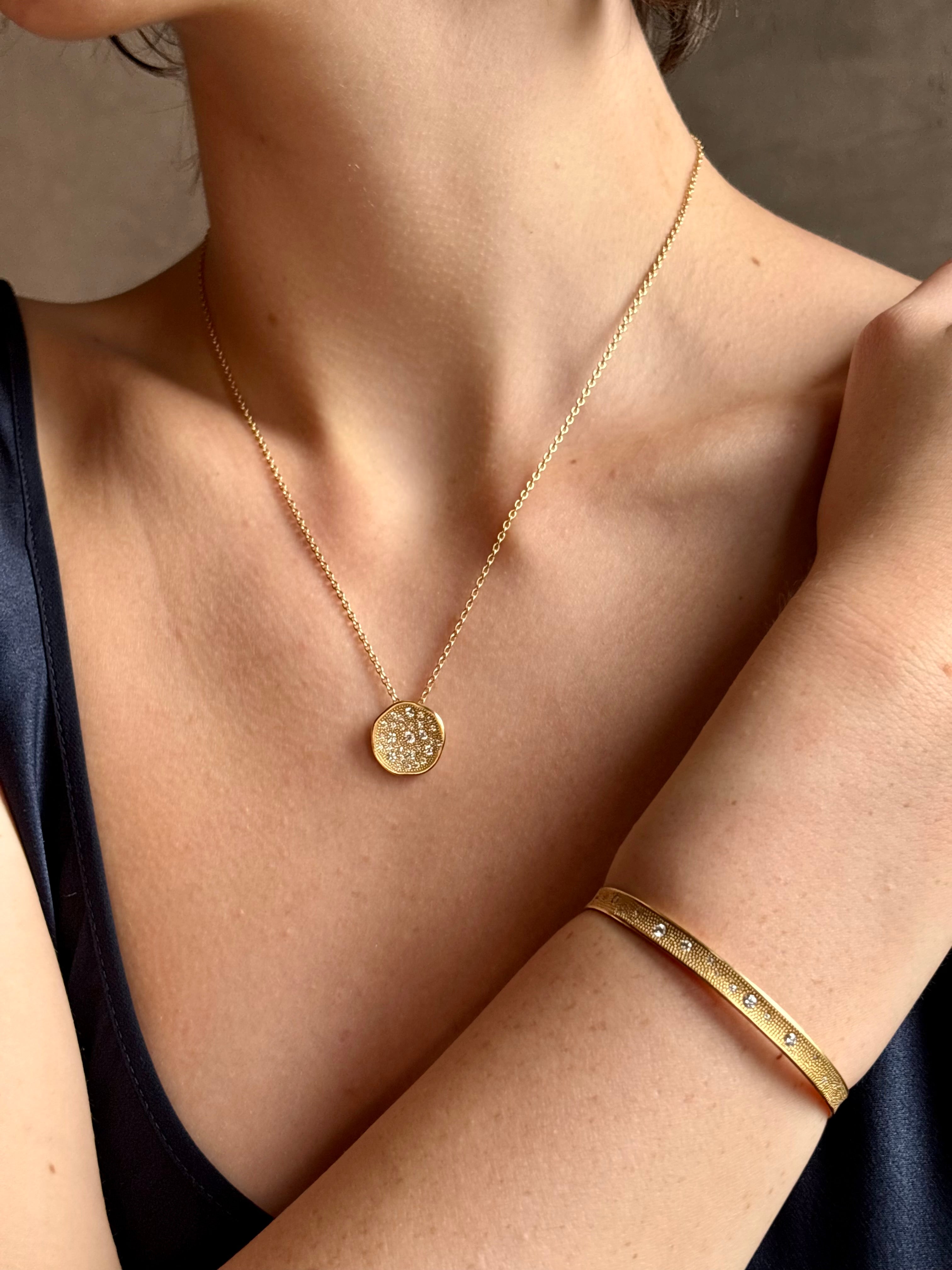 Gold Stardust circular 18k yellow gold Pendant Necklace by fine jewelry artist Anne Sportun with 29 round brilliant-cut diamonds 
