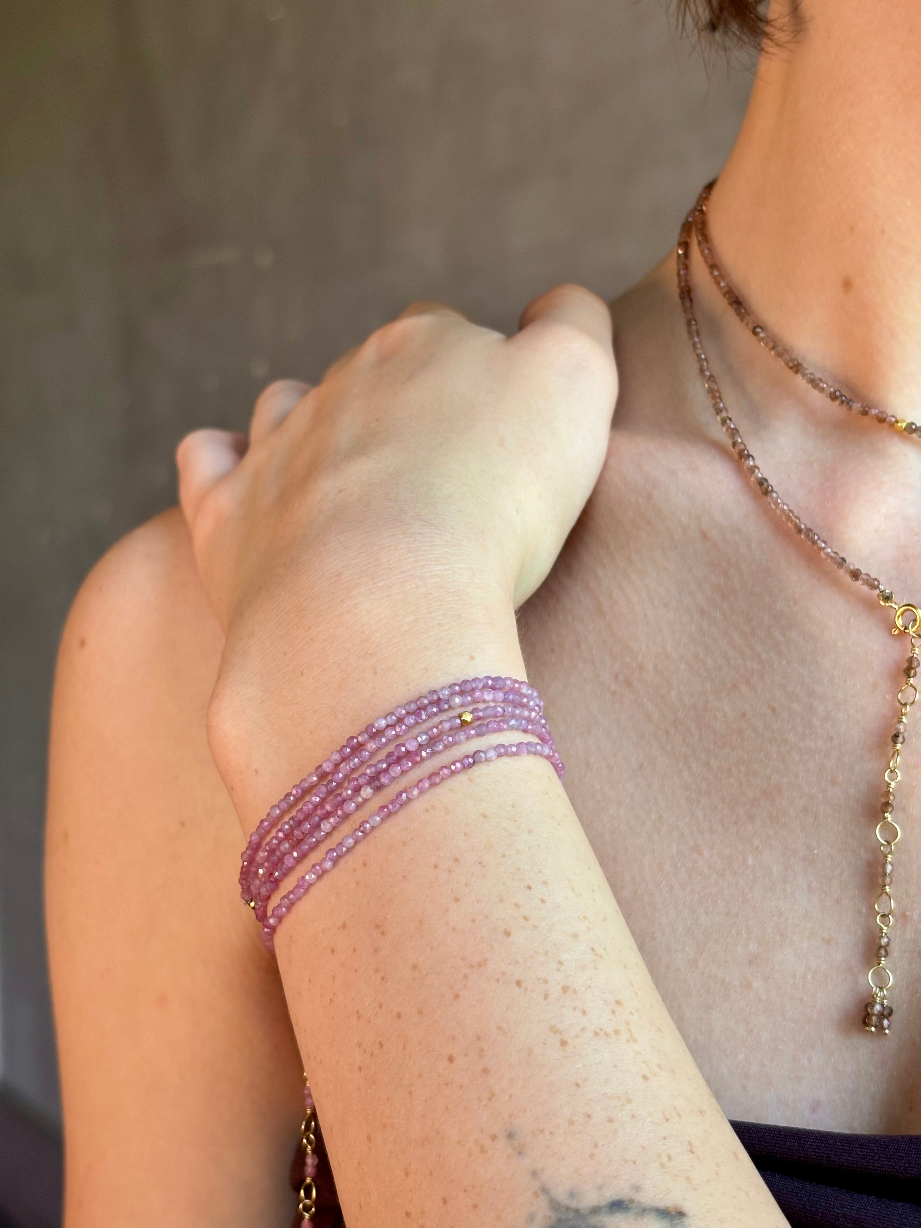 Pink Ruby Wrap Bracelet from fine jewelry artist Anne Sportun natural pink rubies handcrafted with 18K yellow gold 