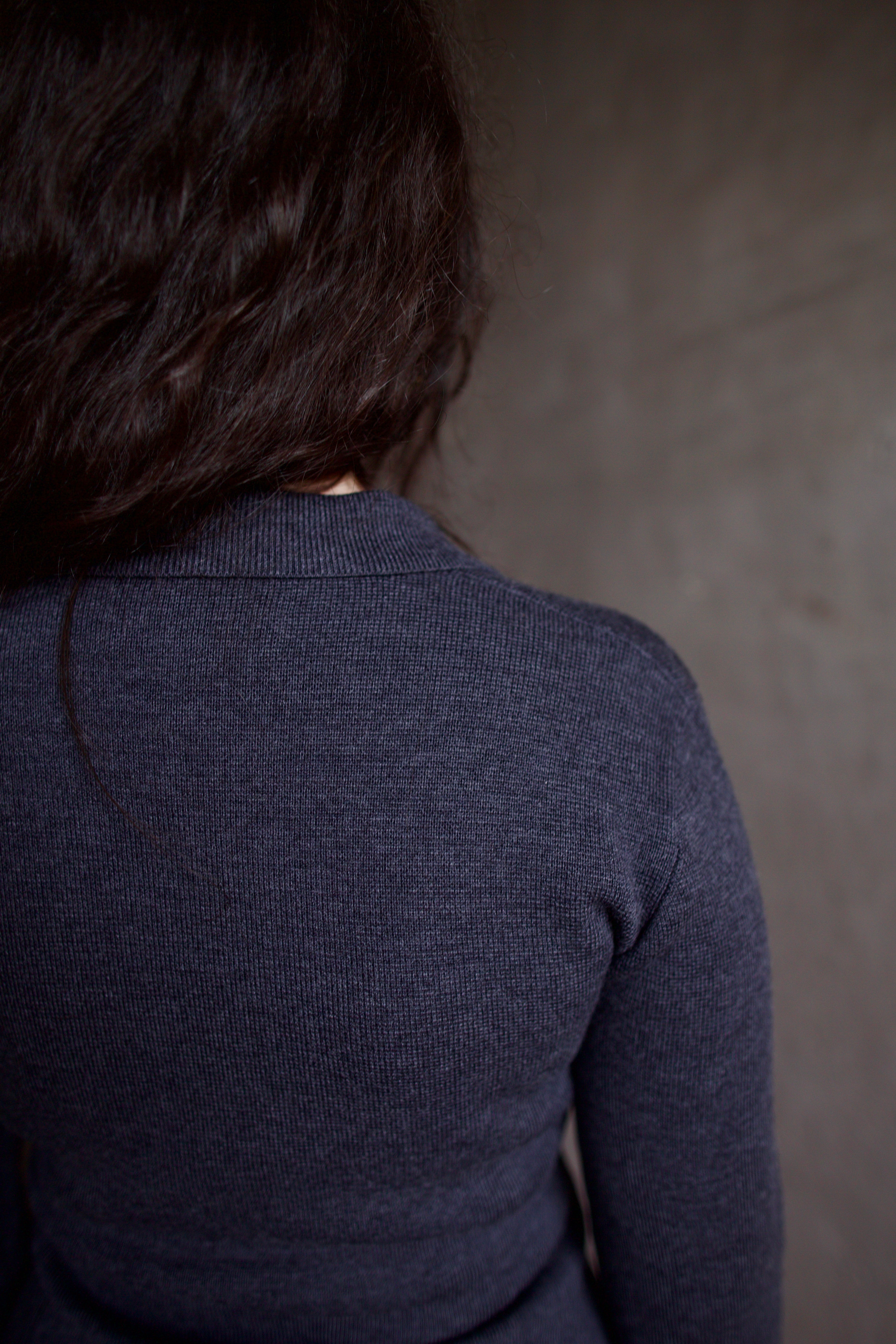 Apiece Apart Betti dark gray knit cardigan with a button front, long sleeve, collar and front pockets