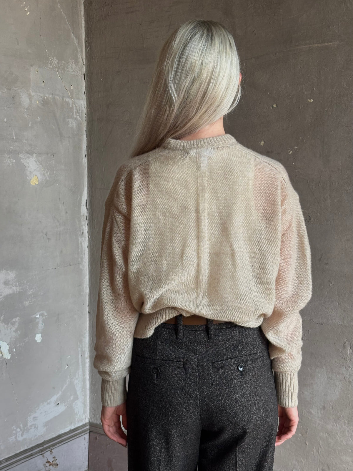 Apiece Apart's Cashmere/Silk Sweater in Beige  tissue-weight knit with a semi-transparent,  conscious luxury layering