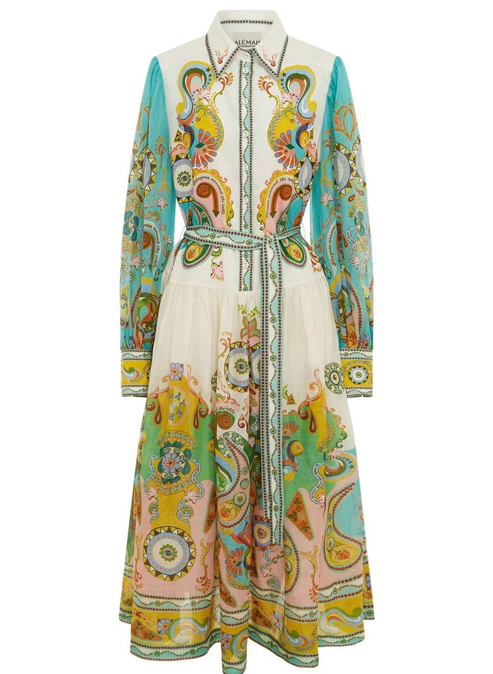 Image featuring a woman wearing the Alemais Pinball shirtdress with balloon sleeve & fitted cuffs and a self-tie belt in 100% ramie.