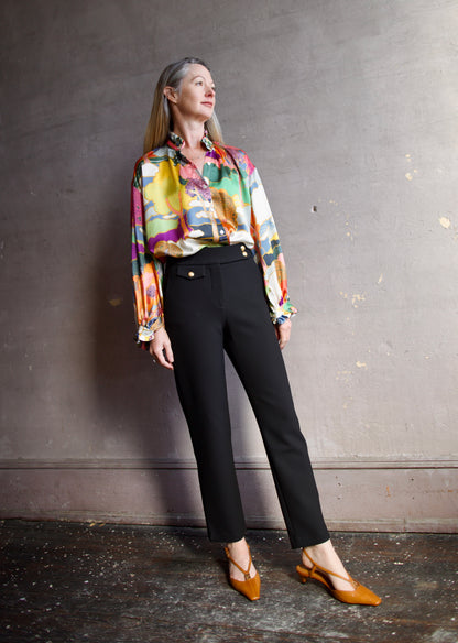 Image featuring the Alix of Bohemia Poet Aurora Blouse rendered from Liberty of London silk charmeuse printed in Italy and featuring an Art Nouveau landscape.