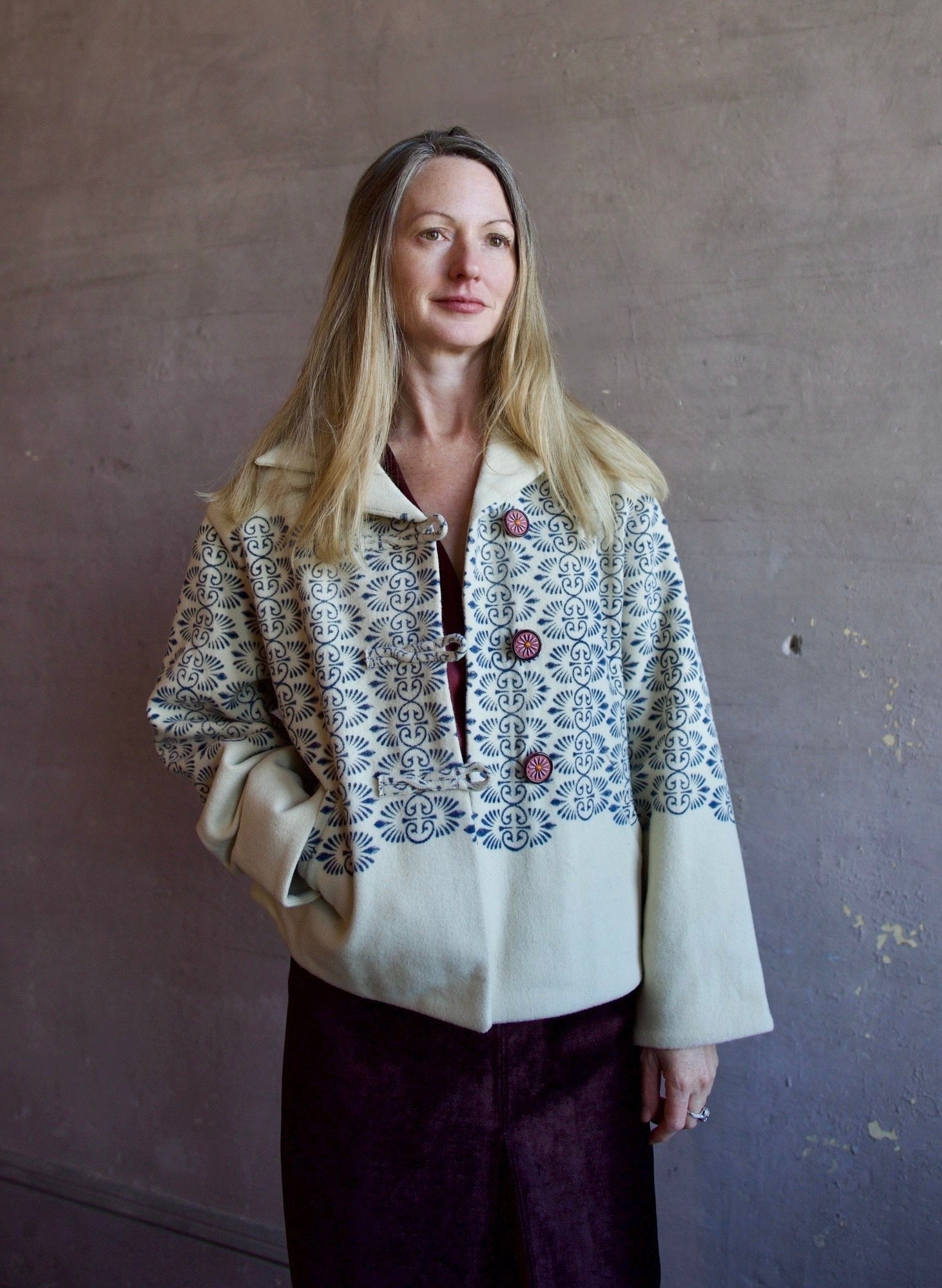 Image featuring a woman wearing Alix of Bohemia Western Lapis Trellis wool Jacket.