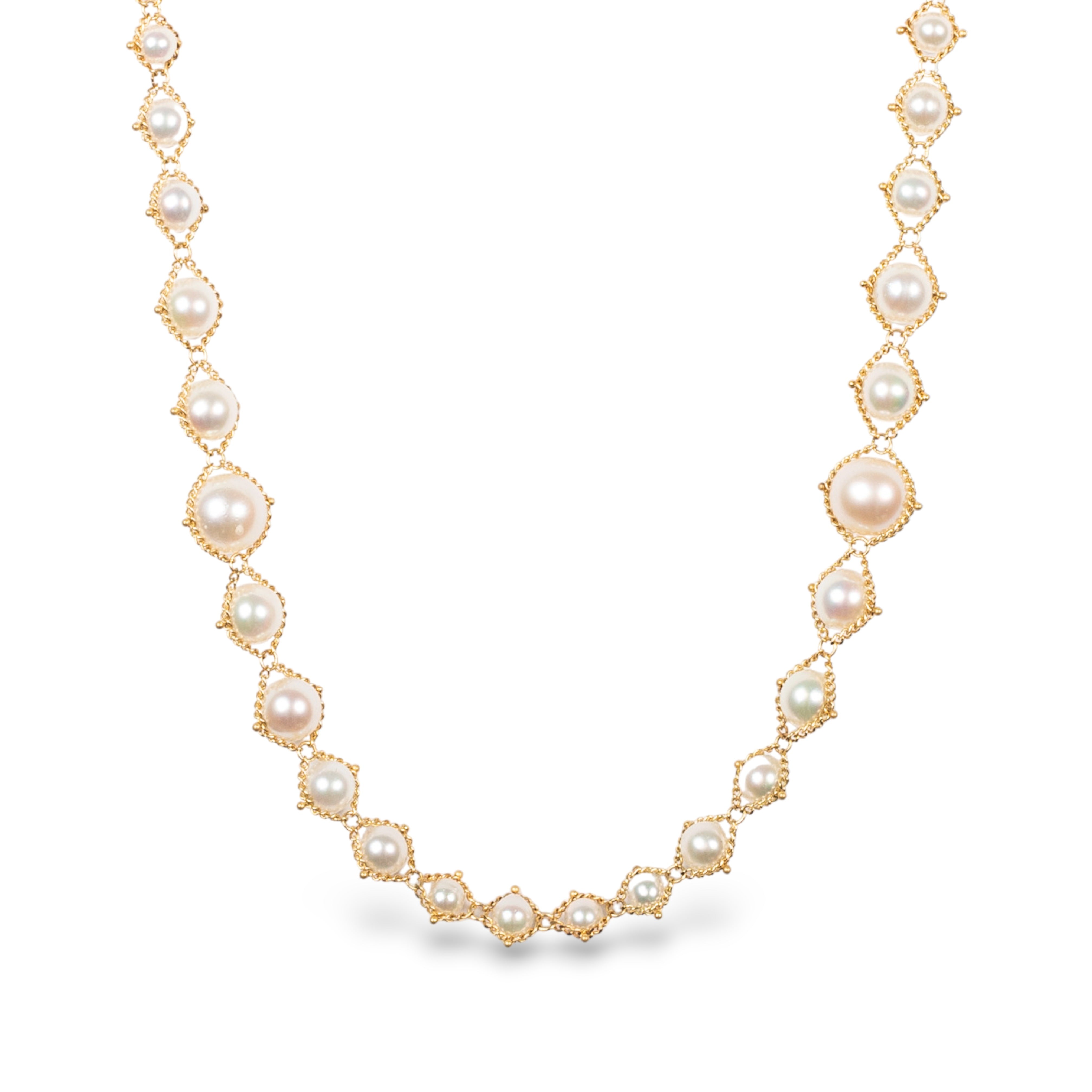 Image of luxury designer Amali hand woven long Akoya Pearl and 18k yellow gold Necklace made in USA fine jewelry