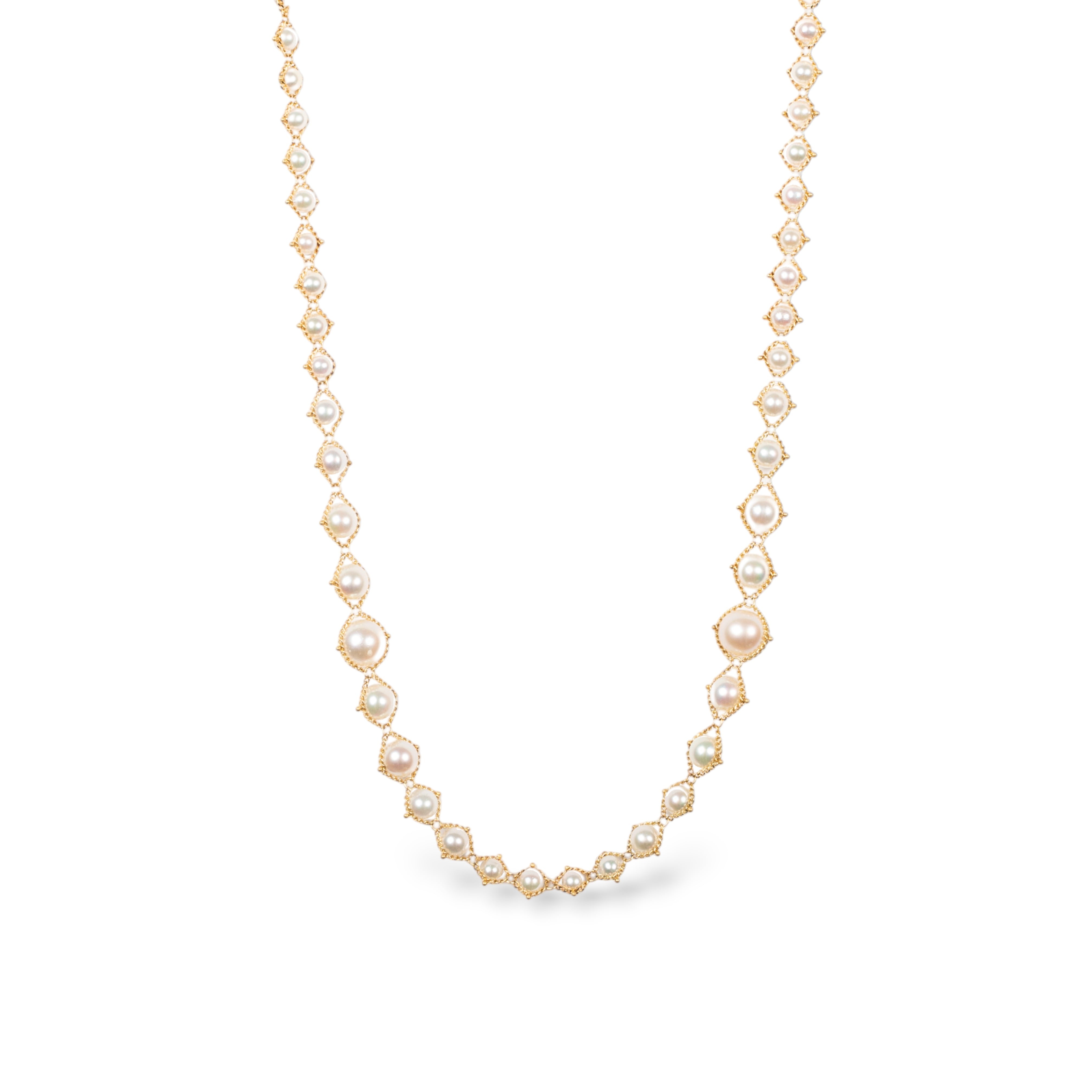 Image of luxury designer Amali hand woven long Akoya Pearl and 18k yellow gold Necklace made in USA fine jewelry