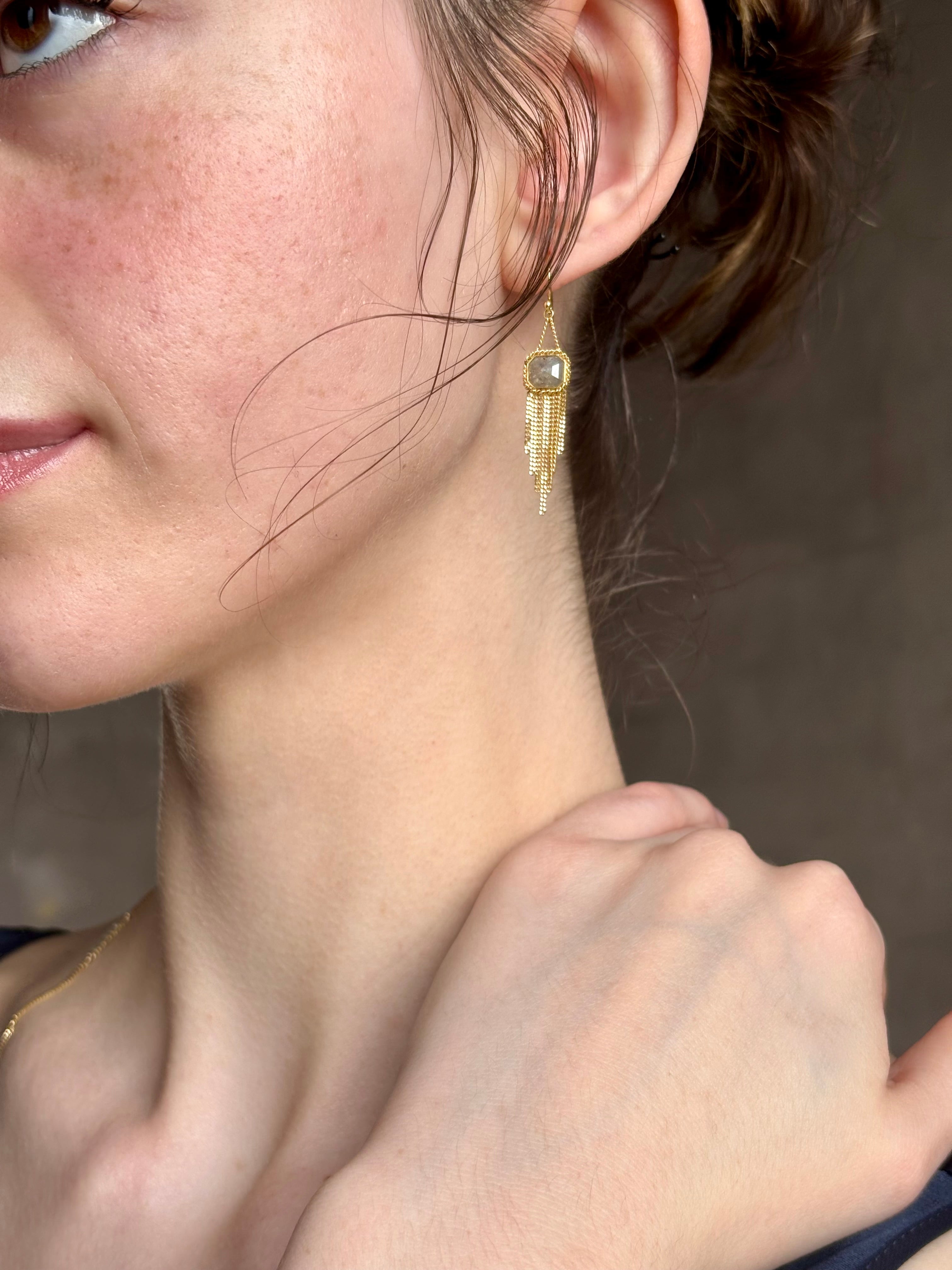 Woman wearing Amali Tassel silver diamond drop Earrings in 18k yellow gold in an inspiring 21st century modern design