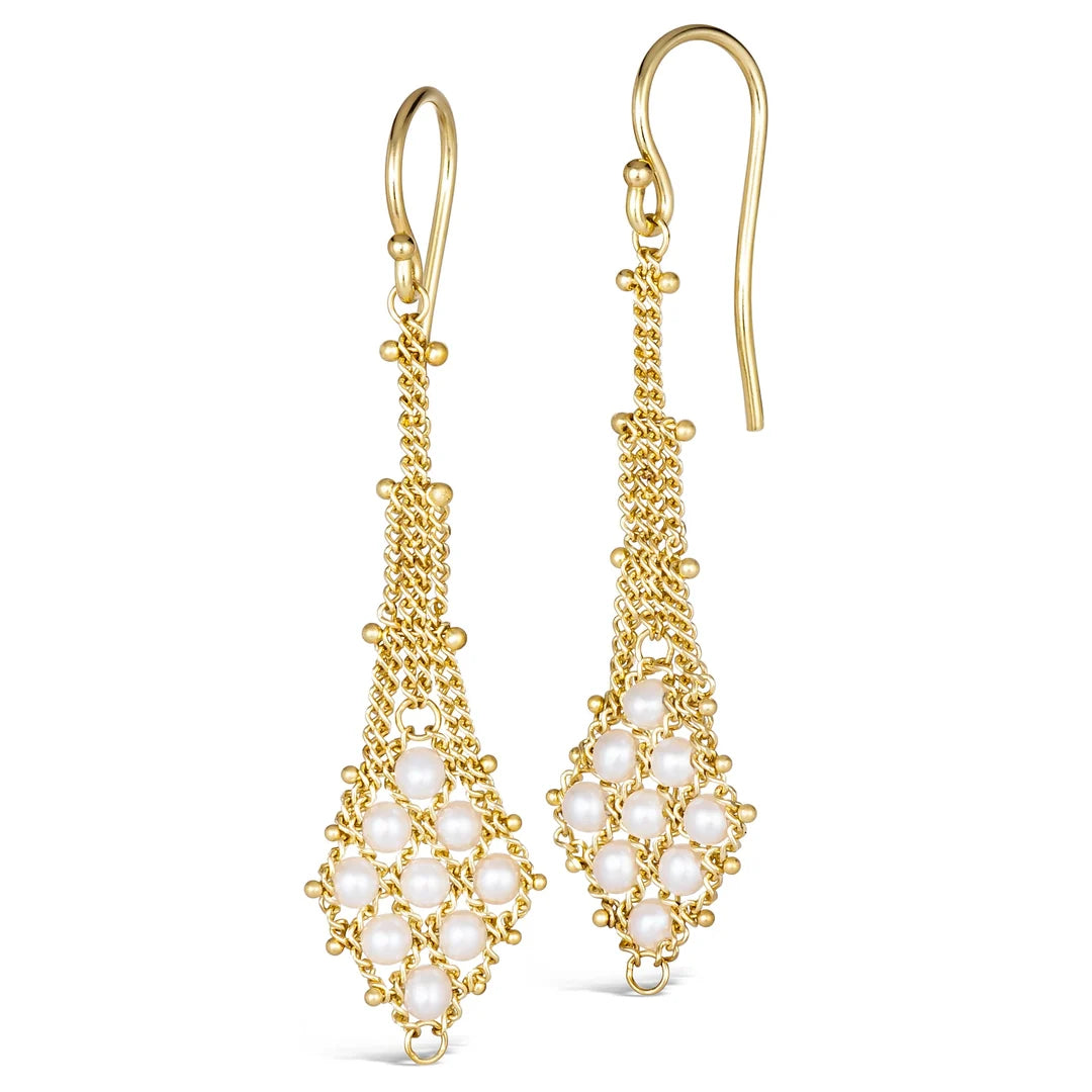 Amali's Lattice Earrings in 18K Yellow Gold & Freshwater Pearls hand-woven gold trellis artisan crafted American-made
