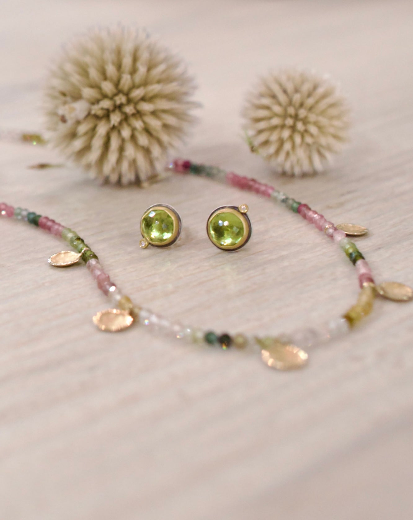 Image of Ananda Khalsa Rosecut Peridot Stud Earrings premium handcrafted construction in 22kt gold with a diamond dot accents