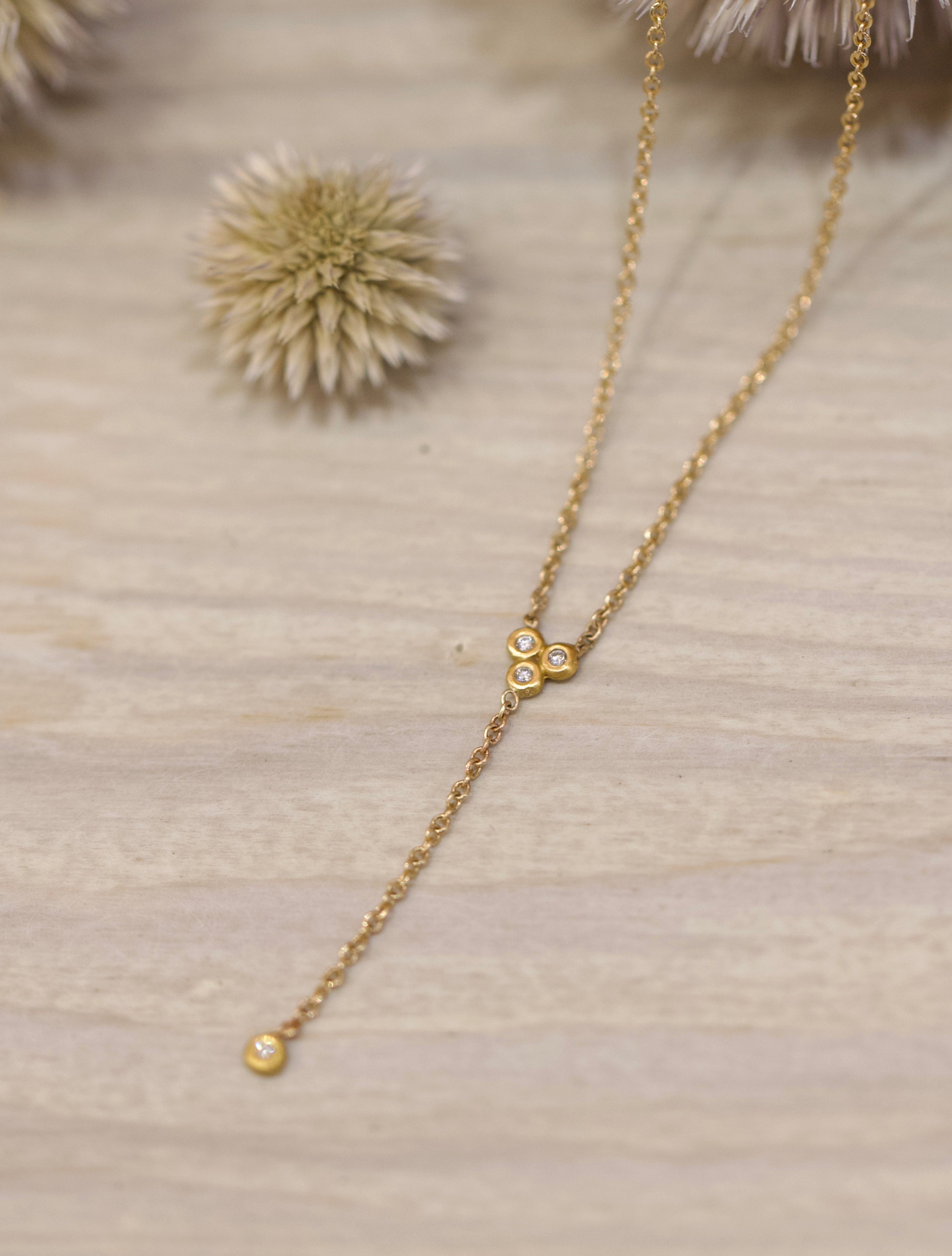 Image of Ananda Khalsa Delicate Diamond Trio Necklace  featuring white diamonds 22kt yellow gold bezel with 22kt diamond drop on an 14kt gold chain