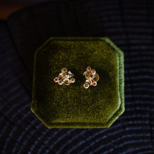 Image of Anna Johnson Decbia Earrings 14k recycled yellow gold, 0.05ctw natural pink diamonds, 0.3ctw champagne diamonds and cast akebia 