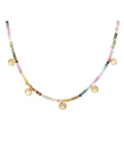 Image featuring Anne Sportun Mini Hammered Disc Station Necklace handmade with Watermelon Tourmaline and 18k gold hammered disks.